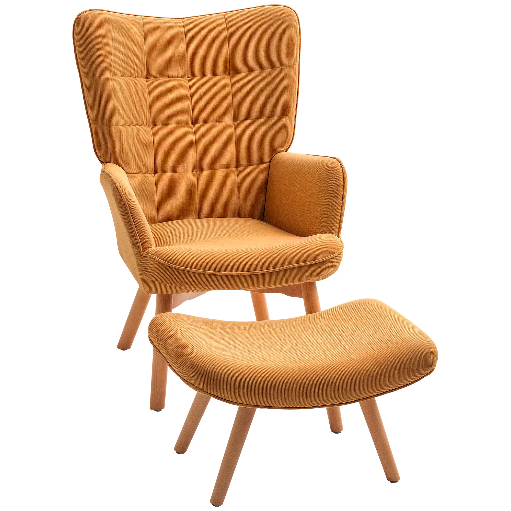 HOMCOM Relaxsessel mit Hocker Ohrensessel Set Buchenholzbeine Cordoptik Braun