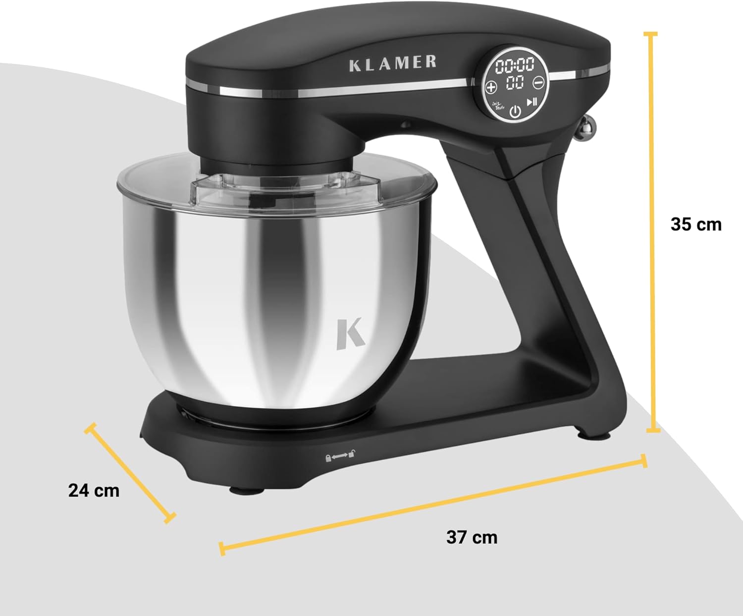 KLAMER Küchenmaschine 1800W, Knetmaschine Brotteig mit Edelstahl-Rührschüssel 6 L, 10 Stufen mit Timer, Planetenrührwerk, Rührbesen, Knethaken, Schneebesen & Sichtdeckel (schwarz)