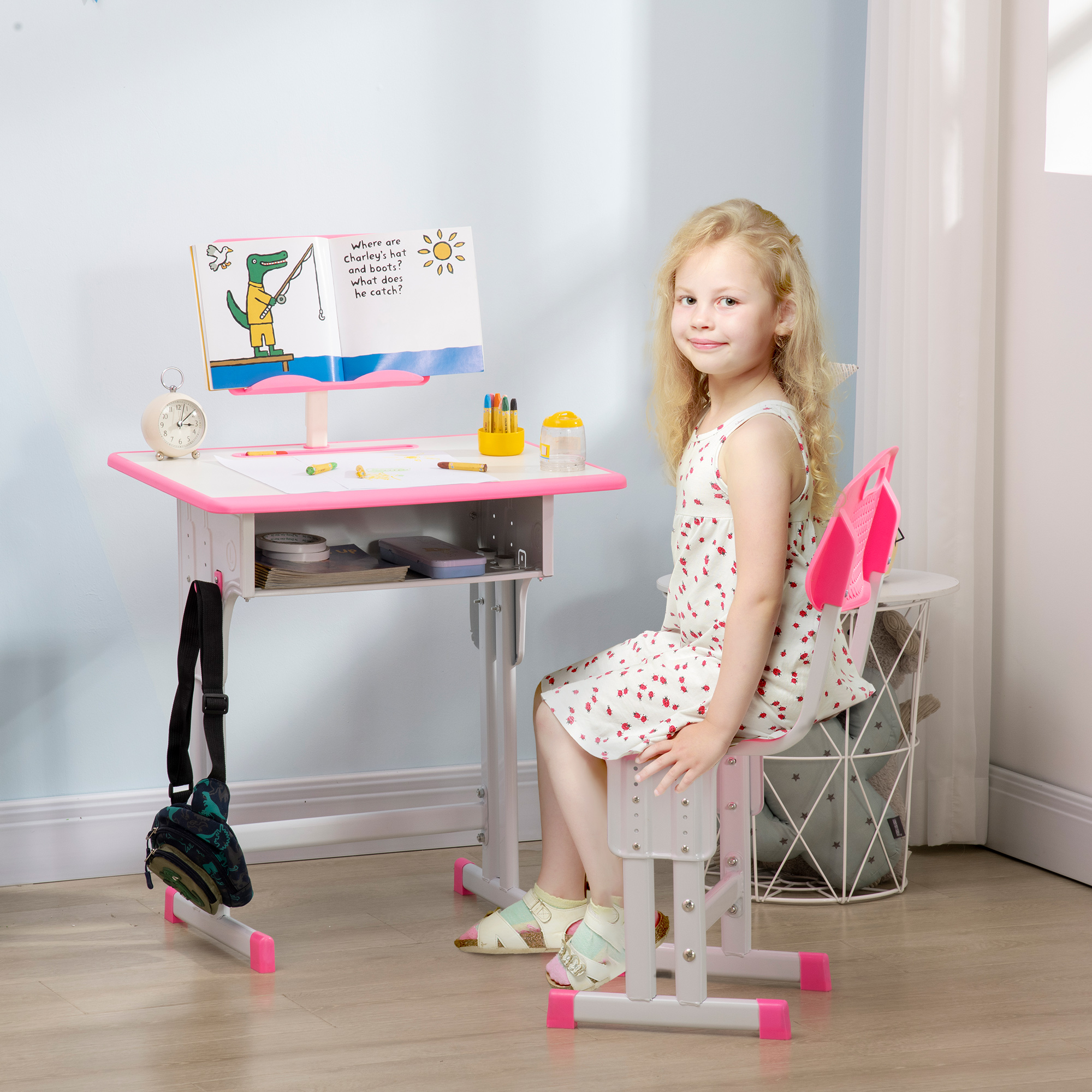 HOMCOM Kinder Schreibtisch und Stuhl mit Leseständer, Fach, Haken und Stifthalter 60 x 45x 90-102 cm rosa