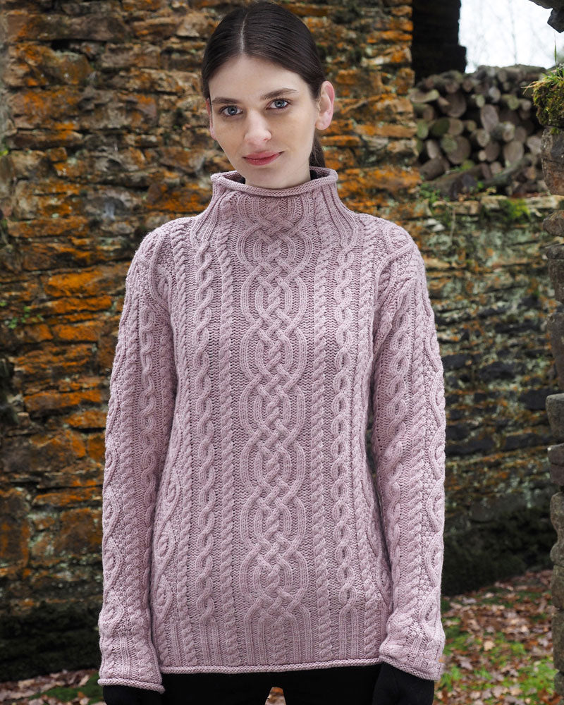 Supersoft Funnel Neck Aran Sweater , Pink