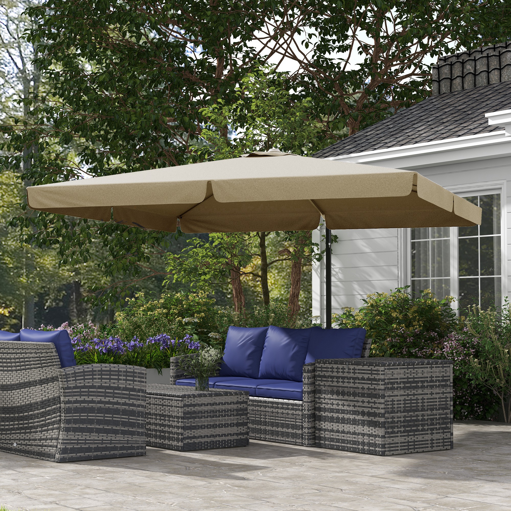 Outsunny Neigbarer quadratischer Sonnenschirm mit Kurbel und kreuzförmigem Ständer, 3 x 3 x 2,56H m, Aluminium, für Garten, Beige