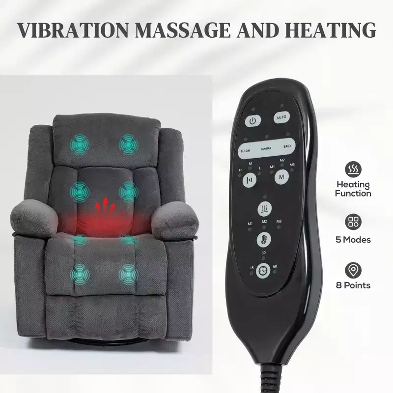 Massage Recliner Armchair with Heat, Swivel Rocker, Remote Control & Side Pockets, Gray