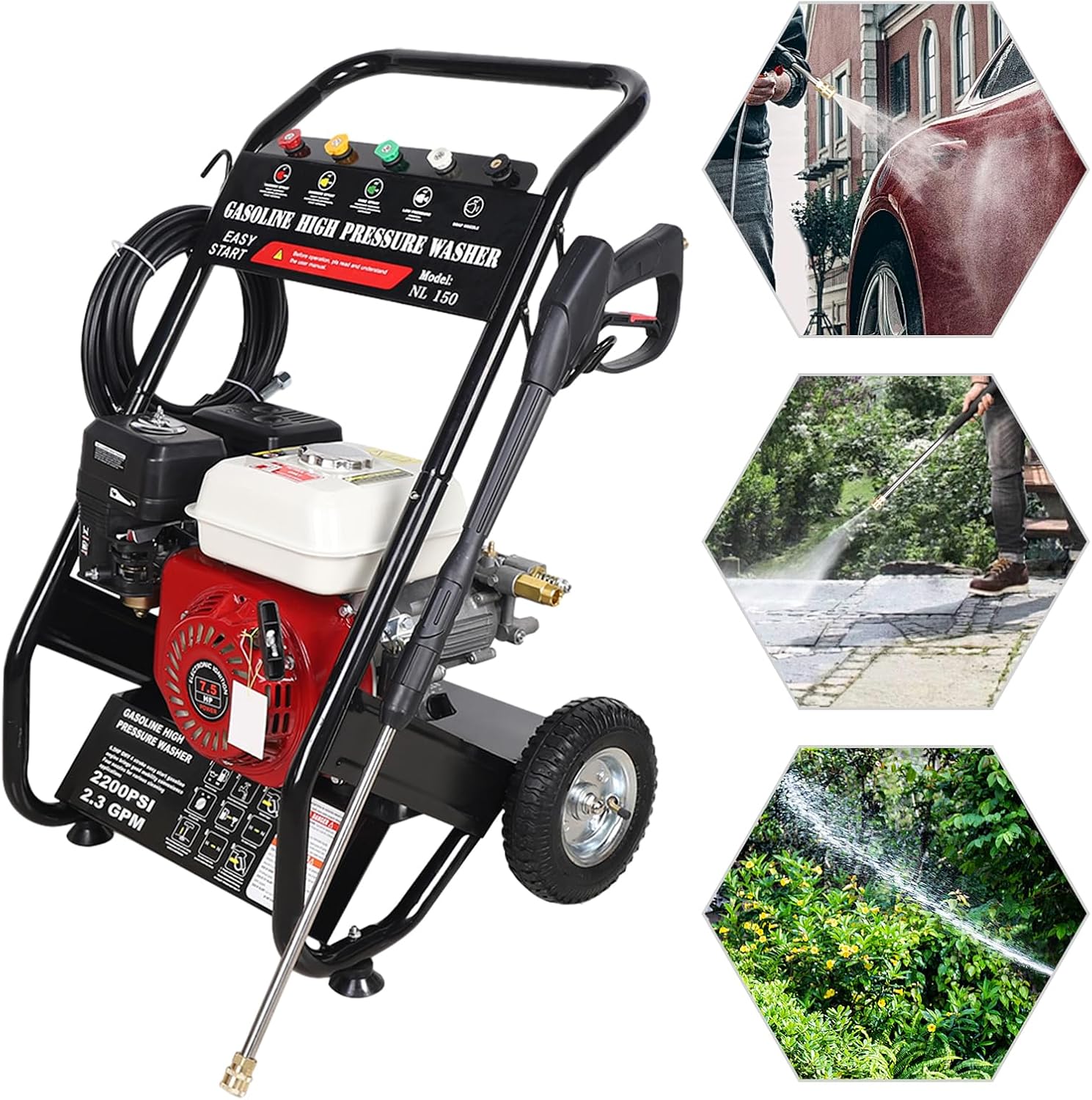 Idropulitrice a Benzina Alta Pressione per Pulizia Giardino Esterni 7,5 CV 190 bar a pressione lavatrice singolo cilindro silenzioso 5 tipi di ugelli Potente per Uso Domestico e Professionale