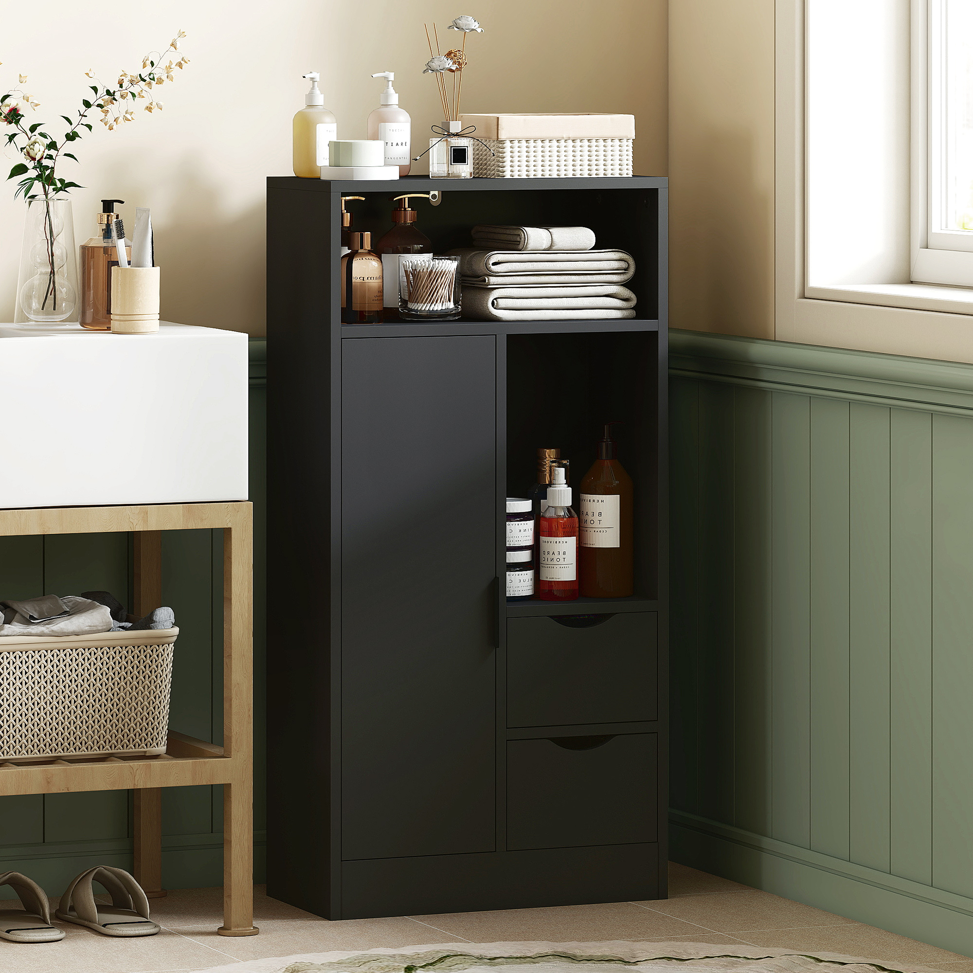 HOMCOM Badezimmerschrank mit 2 Schubladen Offenes Fach und Verstellbare Regale für Kleinen Raum 50x25x100 cm Weiß