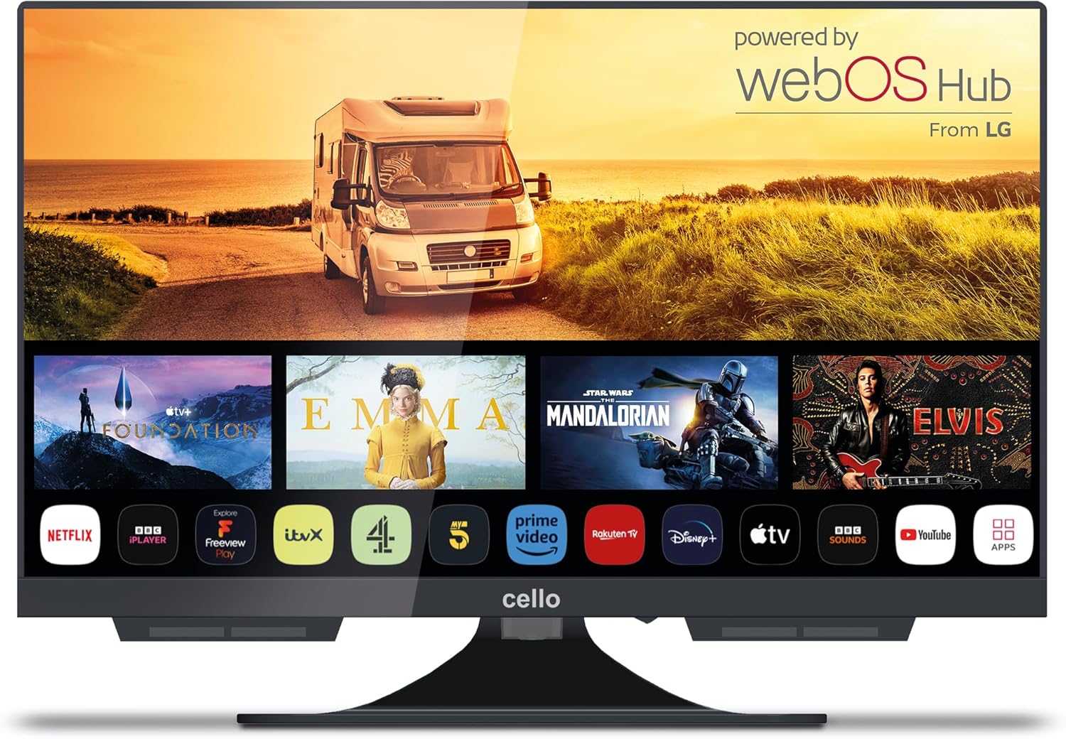 Cello C1924WS 12 Volt 19 Zoll Traveller Smart rahmenloser Fernseher Ultrafast WebOS, Pitch Perfect Lautsprecher Bluetooth, Netflix, Kleiner Fernseher für Wohnmobile und LKWs