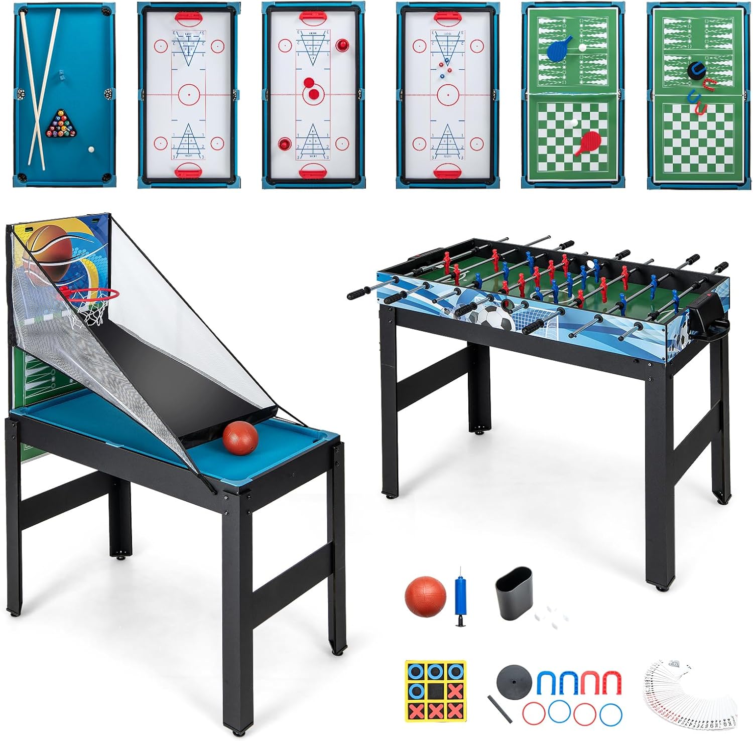 HOMASIS 14 in 1 Tavolo Multigioco, Tavolo da Gioco Multifunzione con Calcio Balilla, Basket, Biliardo, Hockey, Ping Pong, Scacchi, Dama, Backgammon, Carte da Poker ecc. per Bambini e Adulti