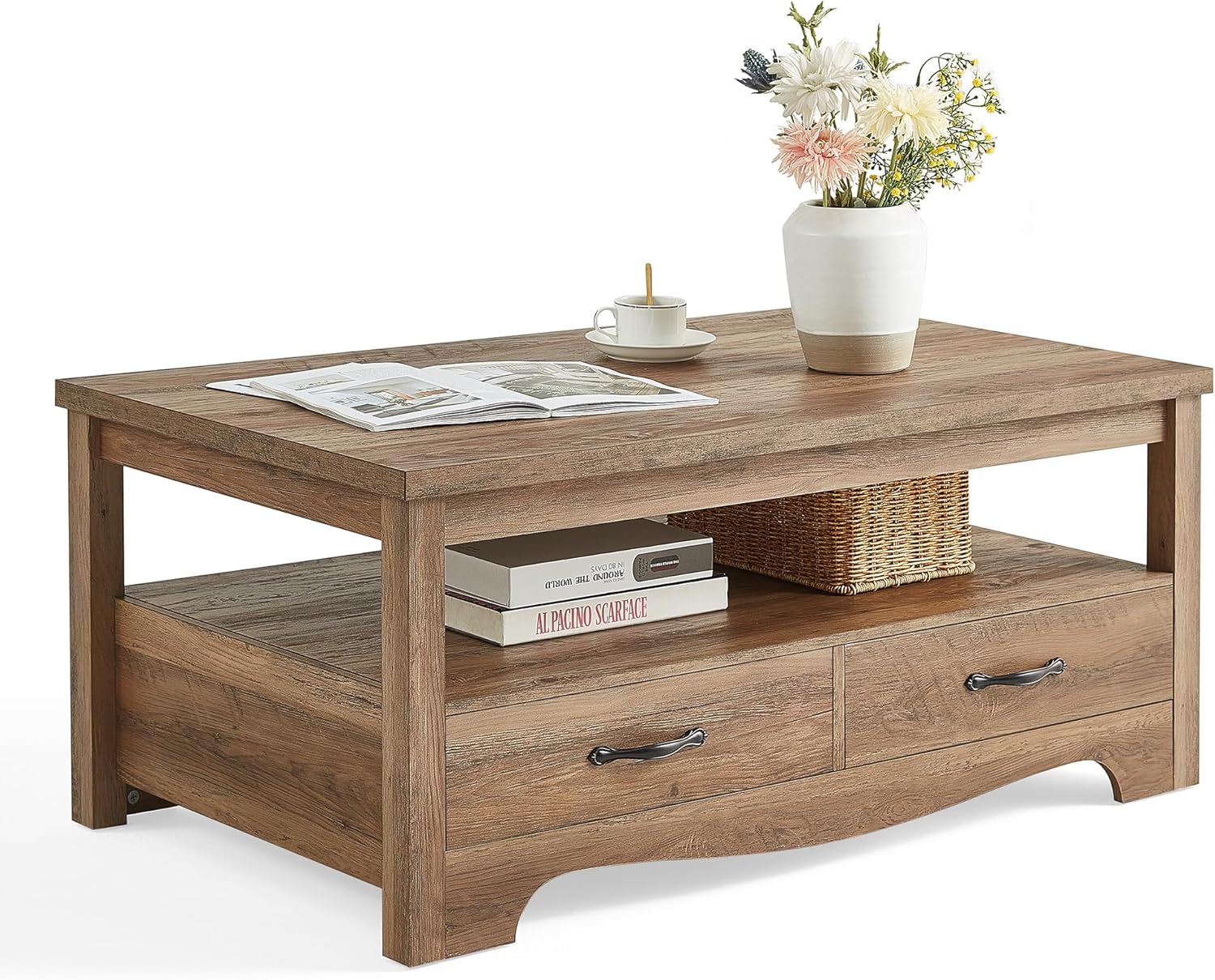 LINSY HOME Farmhouse Coffee Table Wood Oak Brown with Curved Base