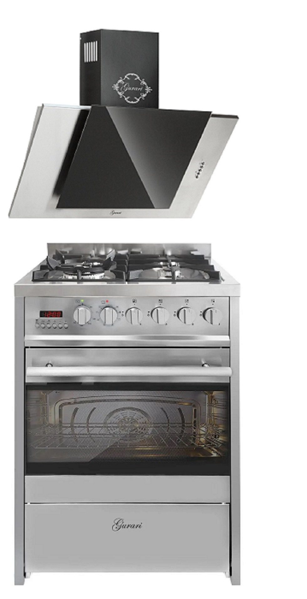 Gas-Standherd 60 cm Edelstahl Gasherd mit Elektrobackofen 60 L Range Coocker mit Dunstabzugshaube 60cm 1000 m³/h Edelstahl Schwarzglas GCH E 610 X+GCH S 482 60 IS