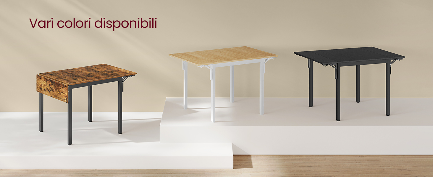 Tre tavoli da pranzo minimalisti presentati in diverse finiture: venature del legno, bianco e nero, con gambe in metallo e piani rettangolari