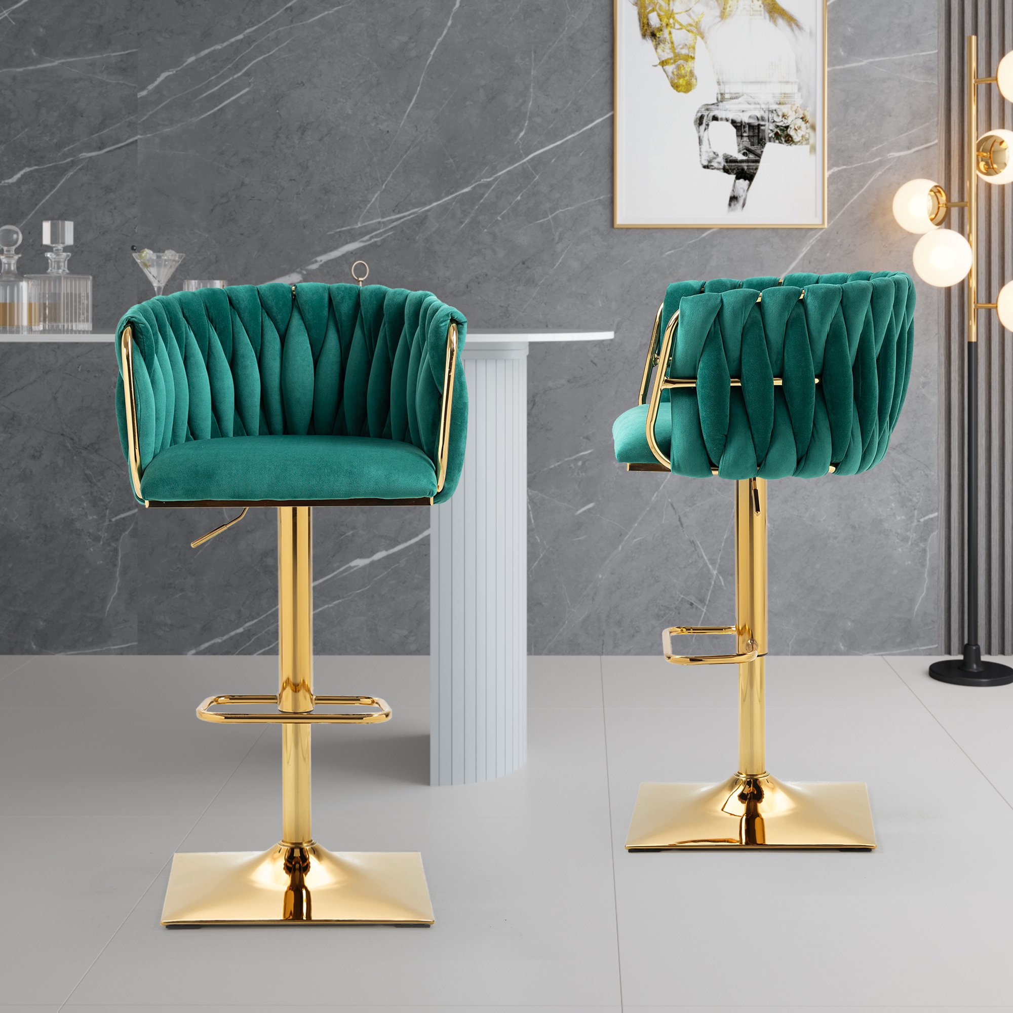 2 Art-déco Barhocker mit Lehne und Fußstütze, höhenverstellbarer 360° drehbarer Barhocker, Smaragd