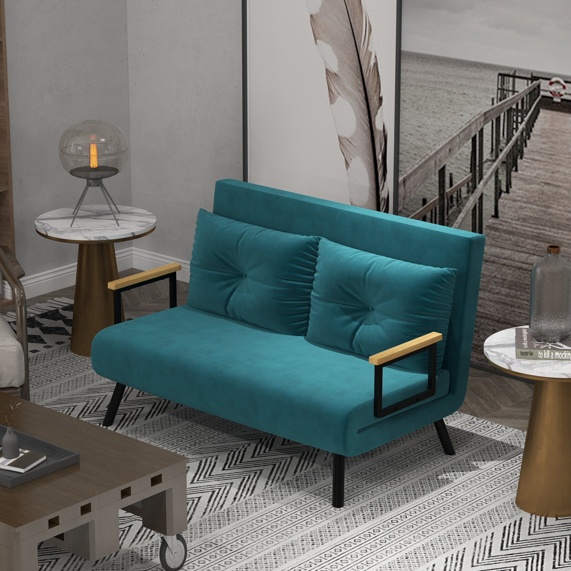 HOMCOM Schlafsofa 2-Sitzer mit 5-stufig verstellbarer Rückenlehne und 2 gepolsterten Kissen, Samtstoff, Dunkelblau