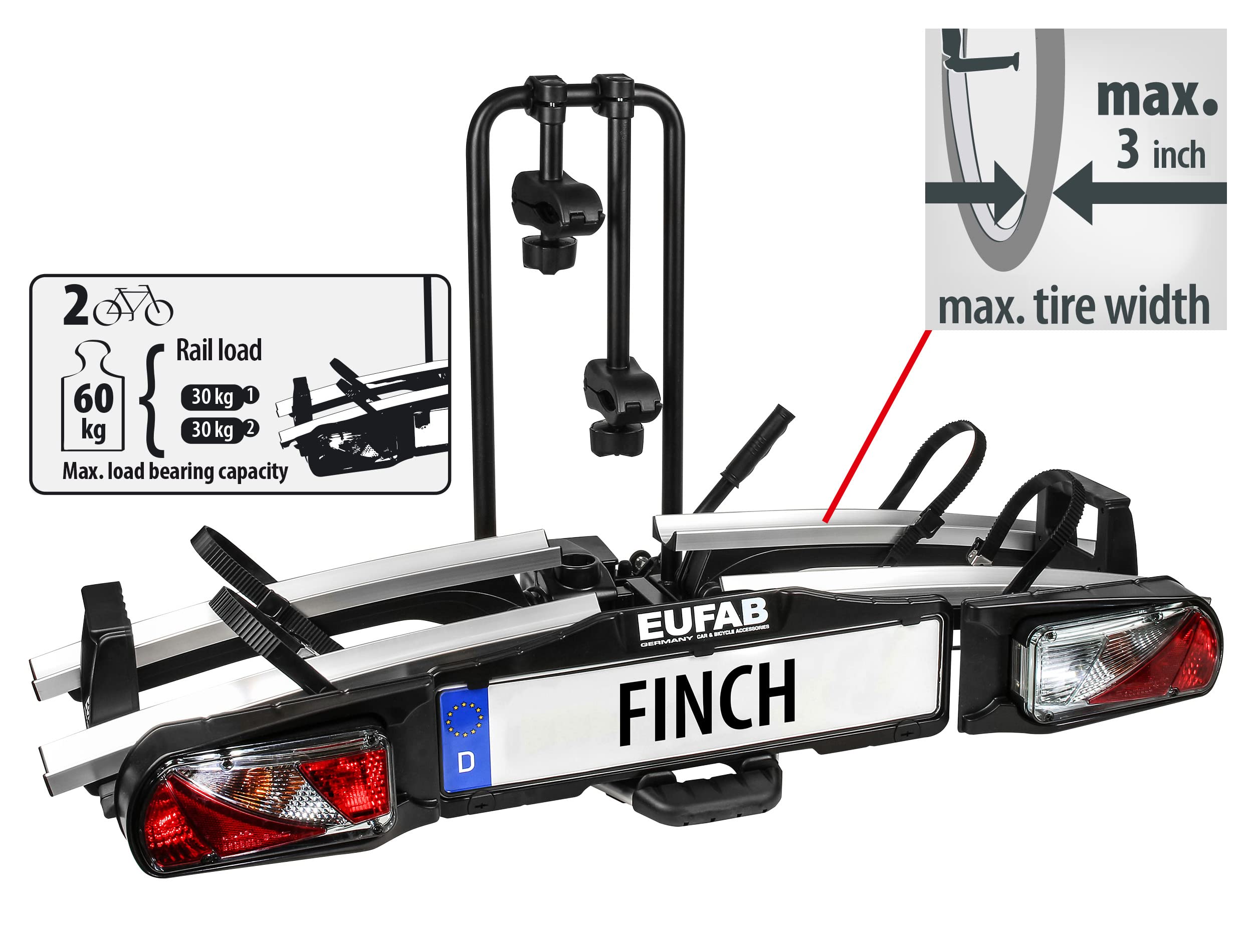 Fahrradträger für 2 Fahrräder, FINCH, für max. 3 Zoll Reifenbreite, Radstand bis 130 cm, abklappbar und abschließbar