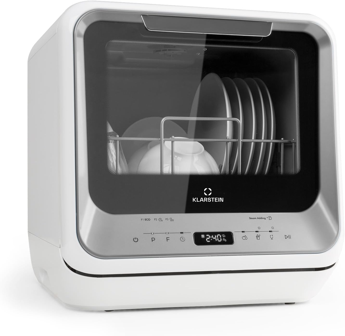 Klarstein  ia Mini Geschirrspüler, Spülmaschine mit Platz für 2 Maßgedecke, 6 Programme, 5 L Wasser benötigt, LED-Display, Touch, Tischgeschirrspüler inkl. Zubehör, schwarz
