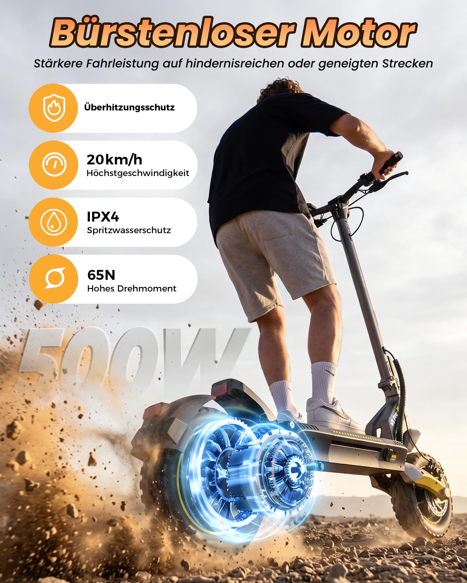 E-Scooter V5Pro mit ABE 500 W 20 km/h 10-Zoll-Luftreifen 48 V 12,5 Ah Akku bis 70 km Reichweite Doppelstoßdämpfung