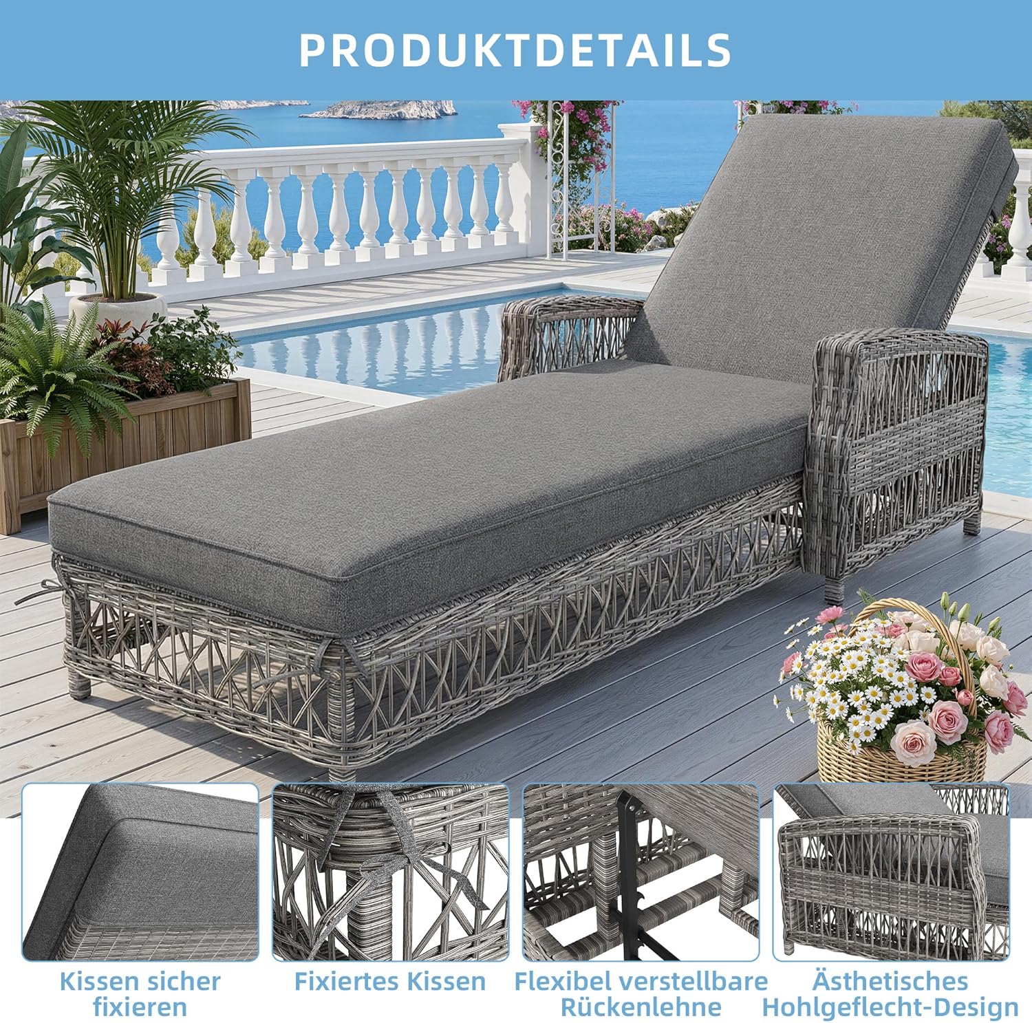 Lcoho Outdoor-Liege aus Rattan(1 Set), wetterfeste Sonnenliege mit Verstellbarer Rückenlehne, Gartenliege mit abnehmbarem Kissen, für Terrasse, Balkon, Poolbereich, grau