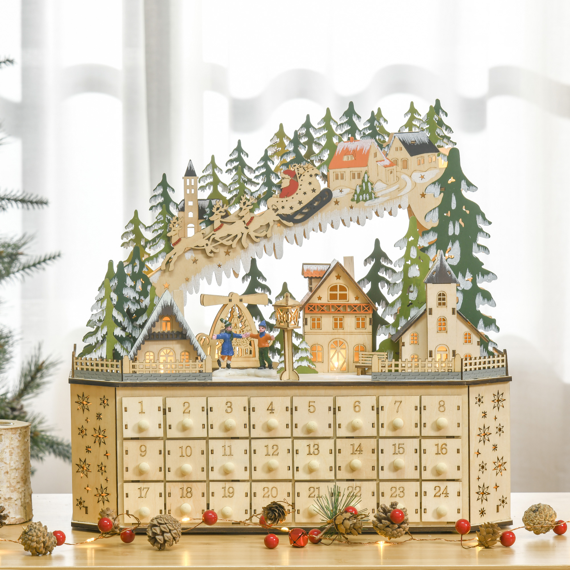 adventskalender met 24 vakken op te vullen kerstkalender met LED-verlichting adventskalenderbox kerstdecoratie doe-het-zelf MDF-blad naturel hout 45 x 13 x 43 cm