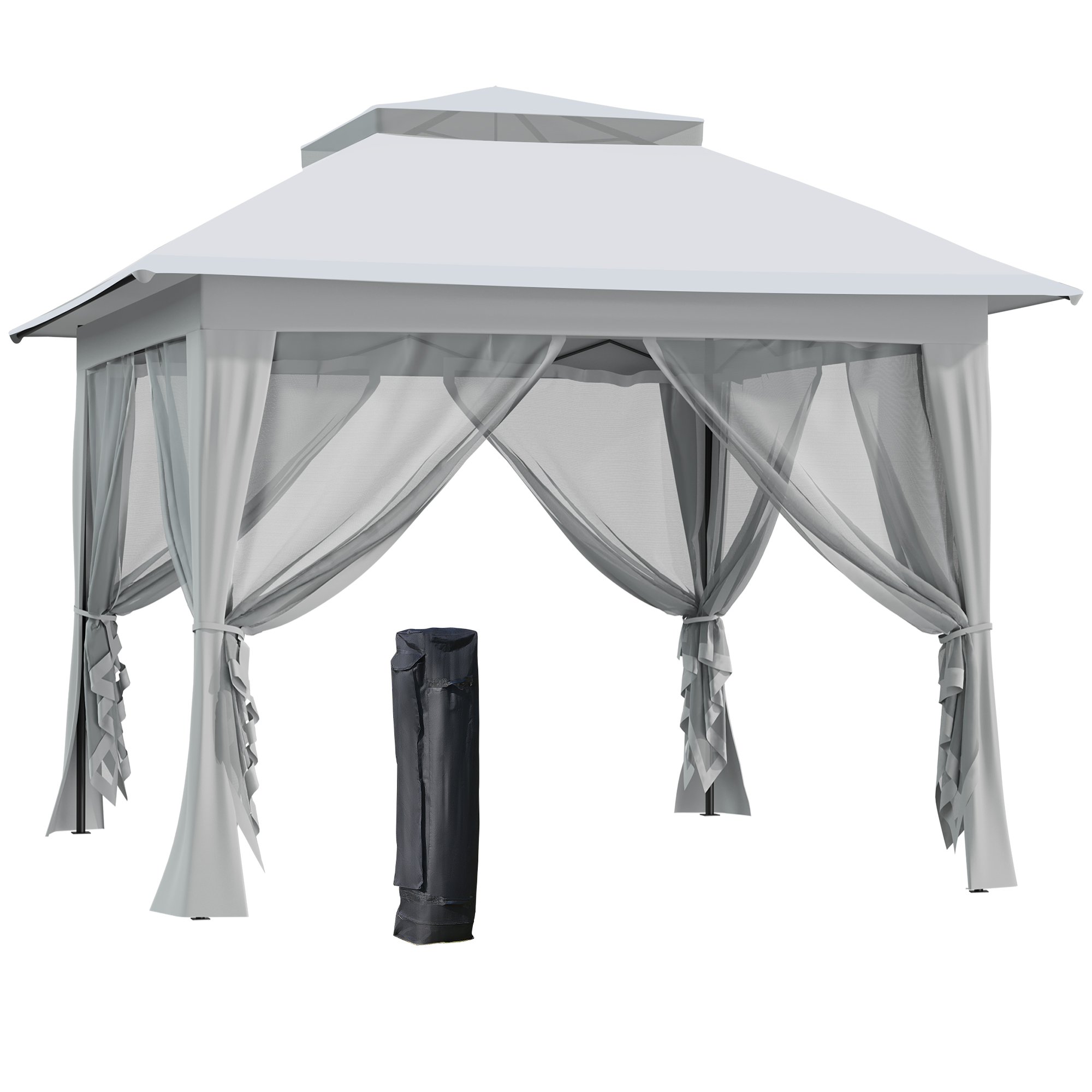 Outsunny Faltpavillon Pop-Up-Zelt Gartenpavillon inkl. Rollentasche Stahl+Oxford+Mesh Grau 3,64x3,64x2,94m