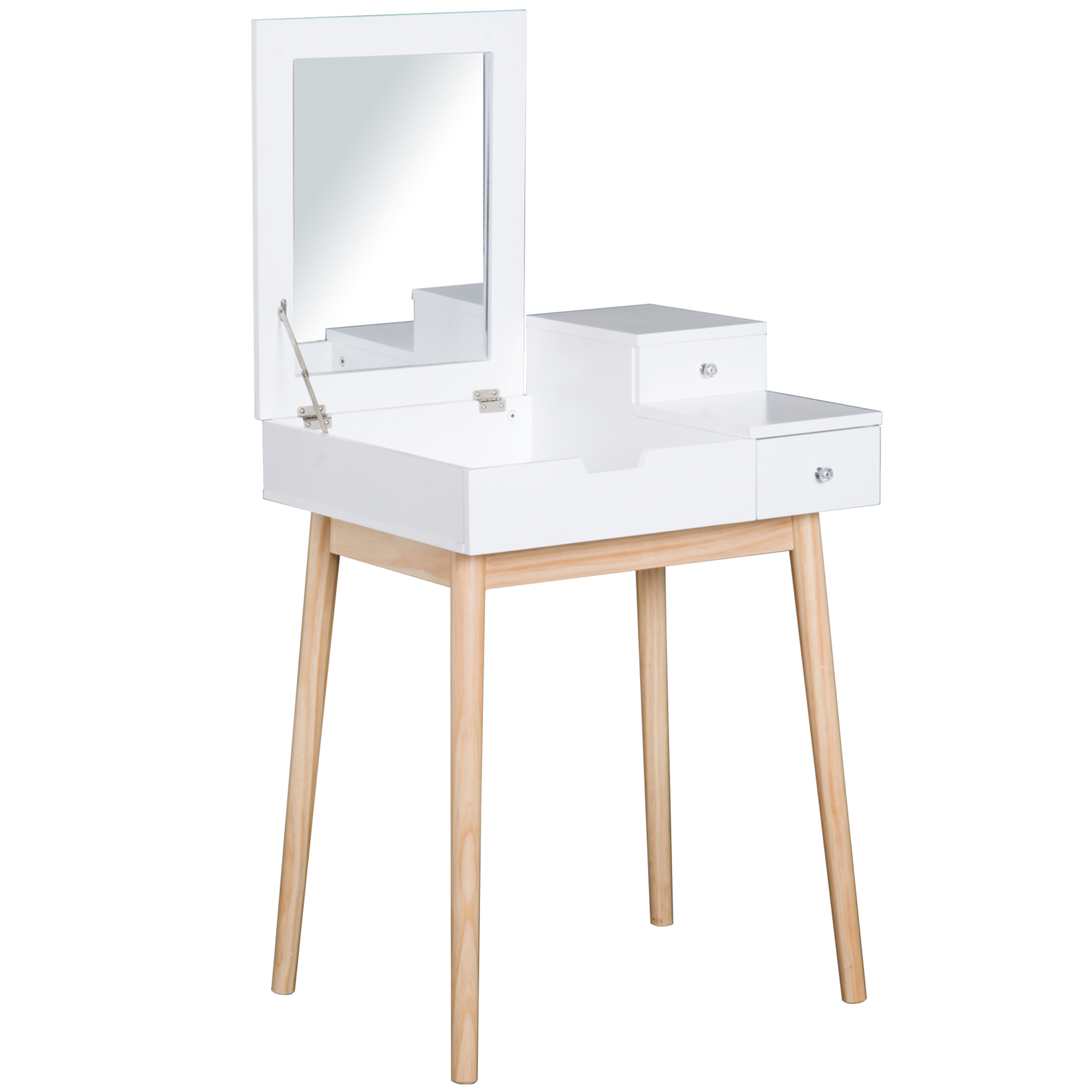 HOMCOM Schminktisch Frisiertisch Kosmetiktisch mit aufklappbarem Spiegel Holzfüße Weiß+Natur 60 x 50 x 85,5cm