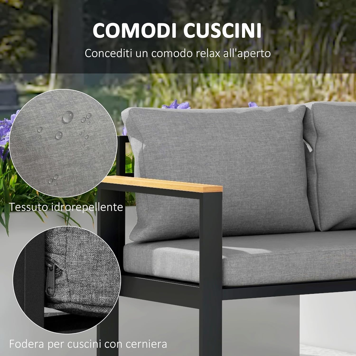 Outsunny 4-Piece Garden Living Room with Outdoor Sofa, 2 Armchairs and Coffee Table, Outdoor Set in Aluminium and Wood Effect Slats, Grey