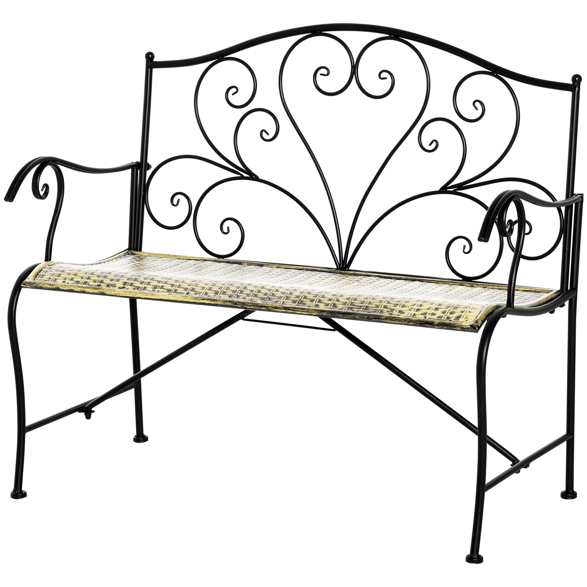 Outsunny Gartenbank 2-Sitzer im neo-retro Stil Schmiedeeisen Schlanken Linien Metall Schwarz Goldfarben Effekt Vintage