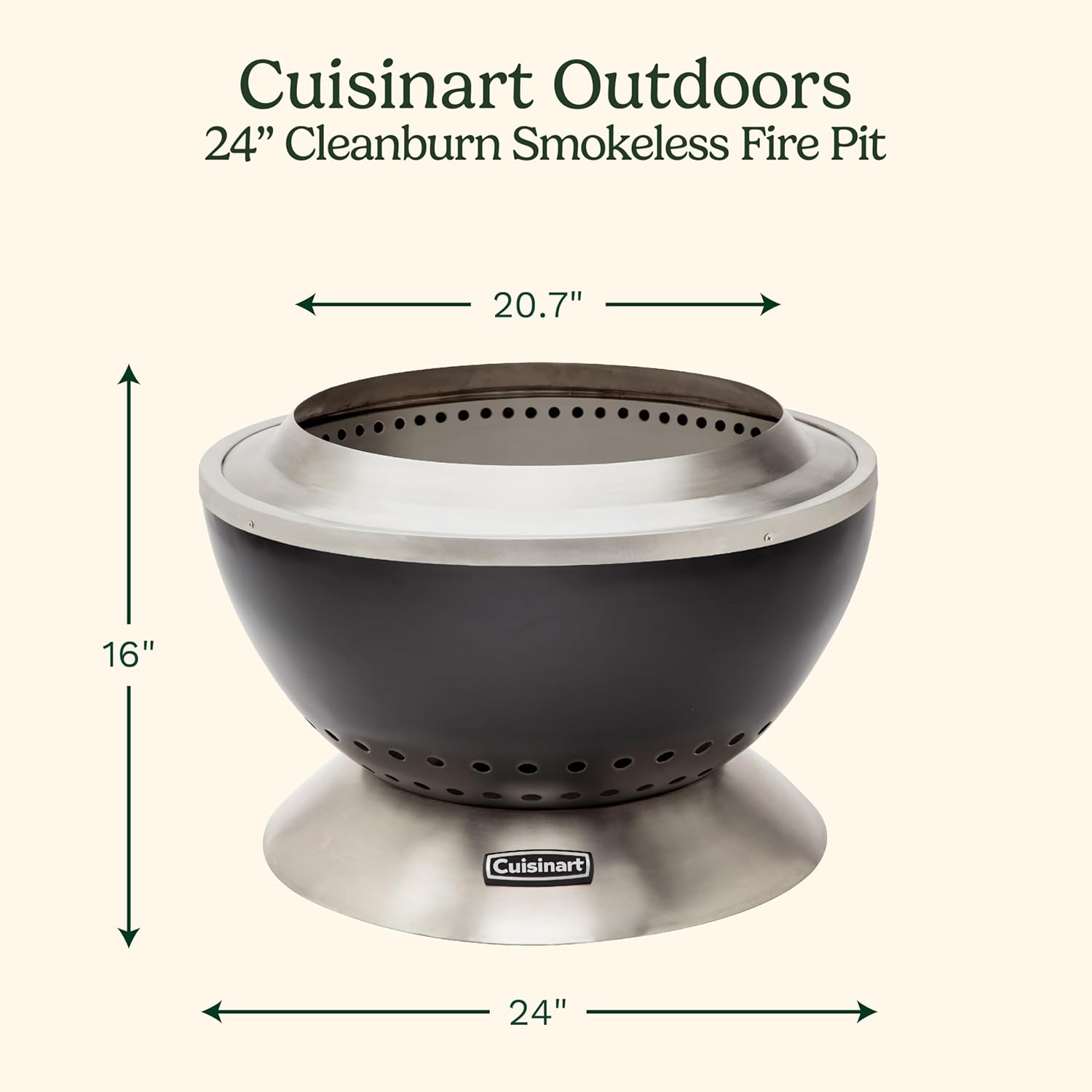 Cuisinart 24�� Cleanburn Smokeless Fire Pit with Removable Base for Ash, Portable Wood Burning Outdoor Fireplace, Stainless Steel Smoke Free Outdoor Heater, Enhanced Airflow and Easy Cleanup