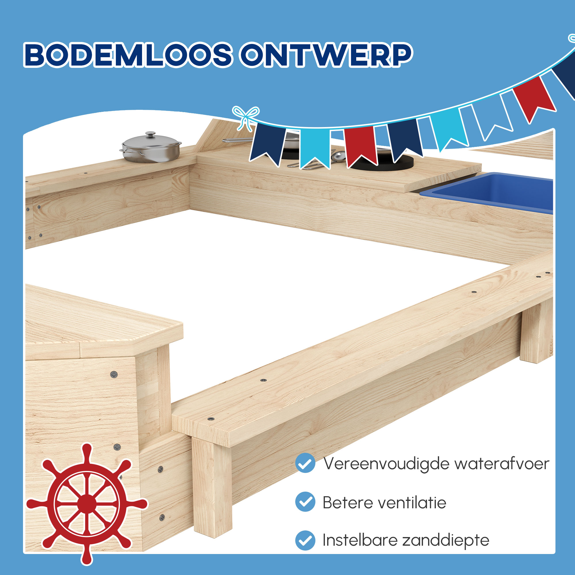 Zandbak, piratenschip ontwerp, met speelkeukenset, zonnescherm, natuurlijk hout, 180 x 103 x 144,5 cm