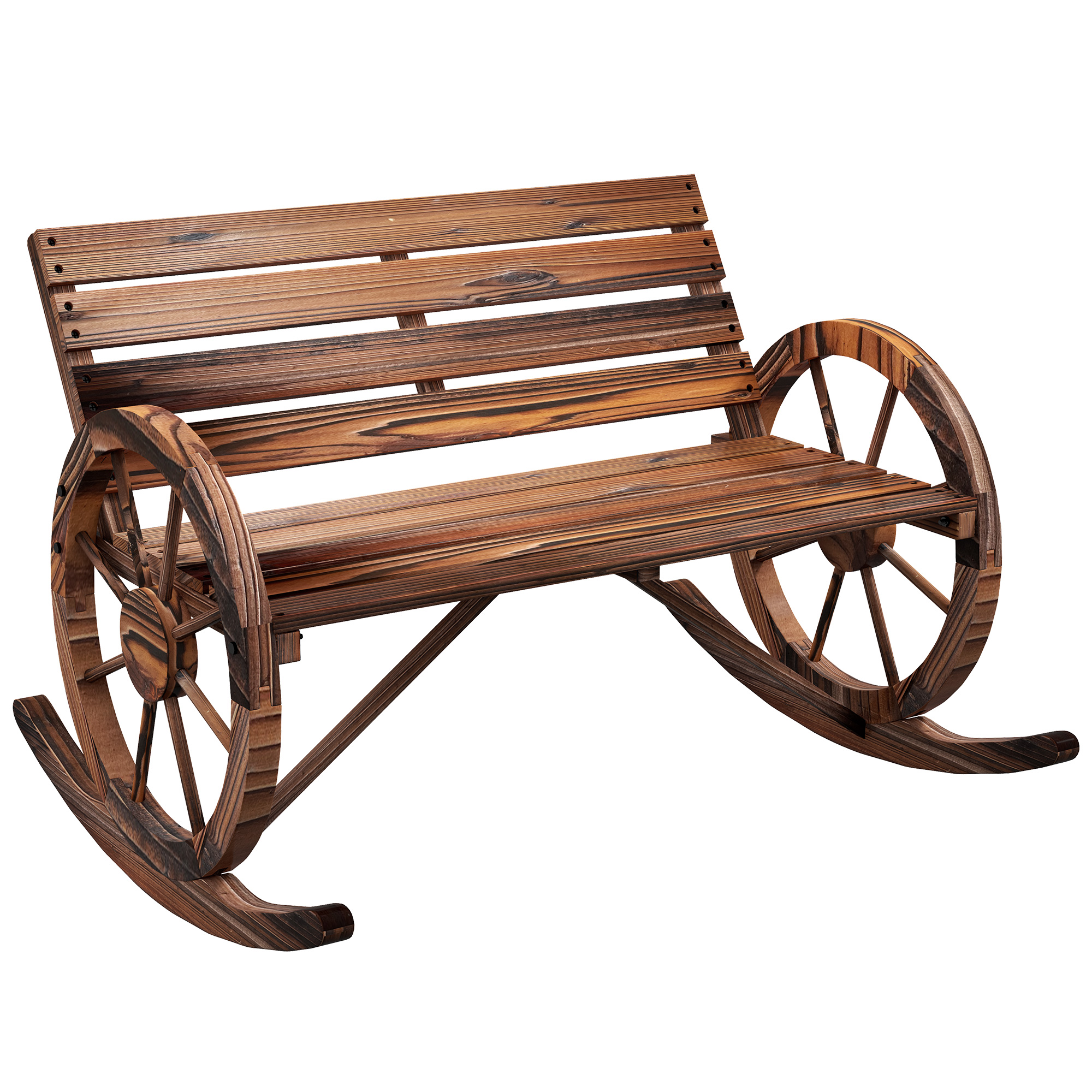 Outsunny Garten-Schaukelbank, 2-Personen-Schaukel, mit radförmigen Armlehnen, für Balkon, Garten, Terrasse, carbonisiert.