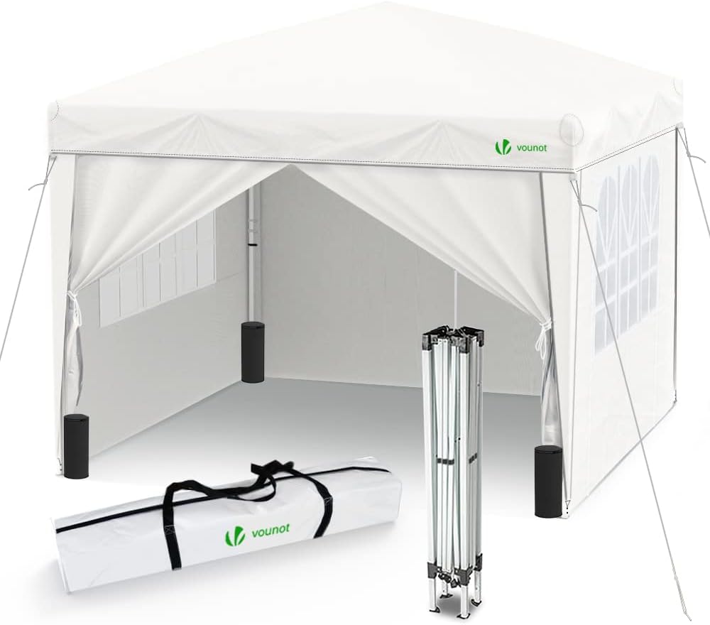 VOUNOT? Gazebo 3x3m Pieghevole con 4 Parti Laterali, Gazebo da Giardino Tenda Padiglione Pop up con 4 Sacchi di Sabbia di Peso e Sacca di Trasporto, Colore Bianco