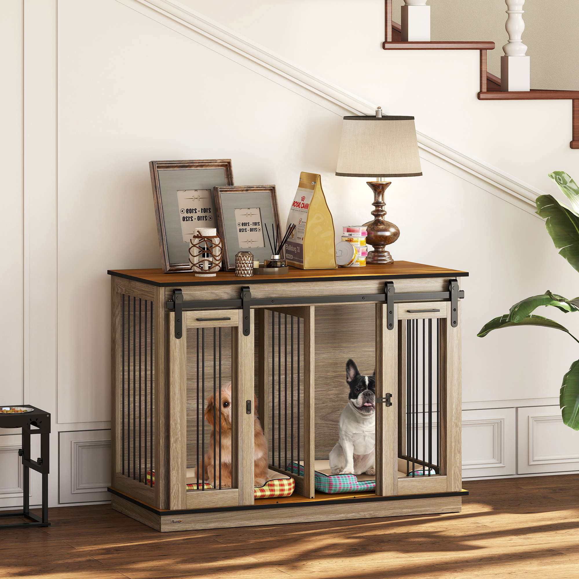 PawHut hondenkooi met 2 deuren, hondenbox, rustiek design, vergrendelbaar, bruin