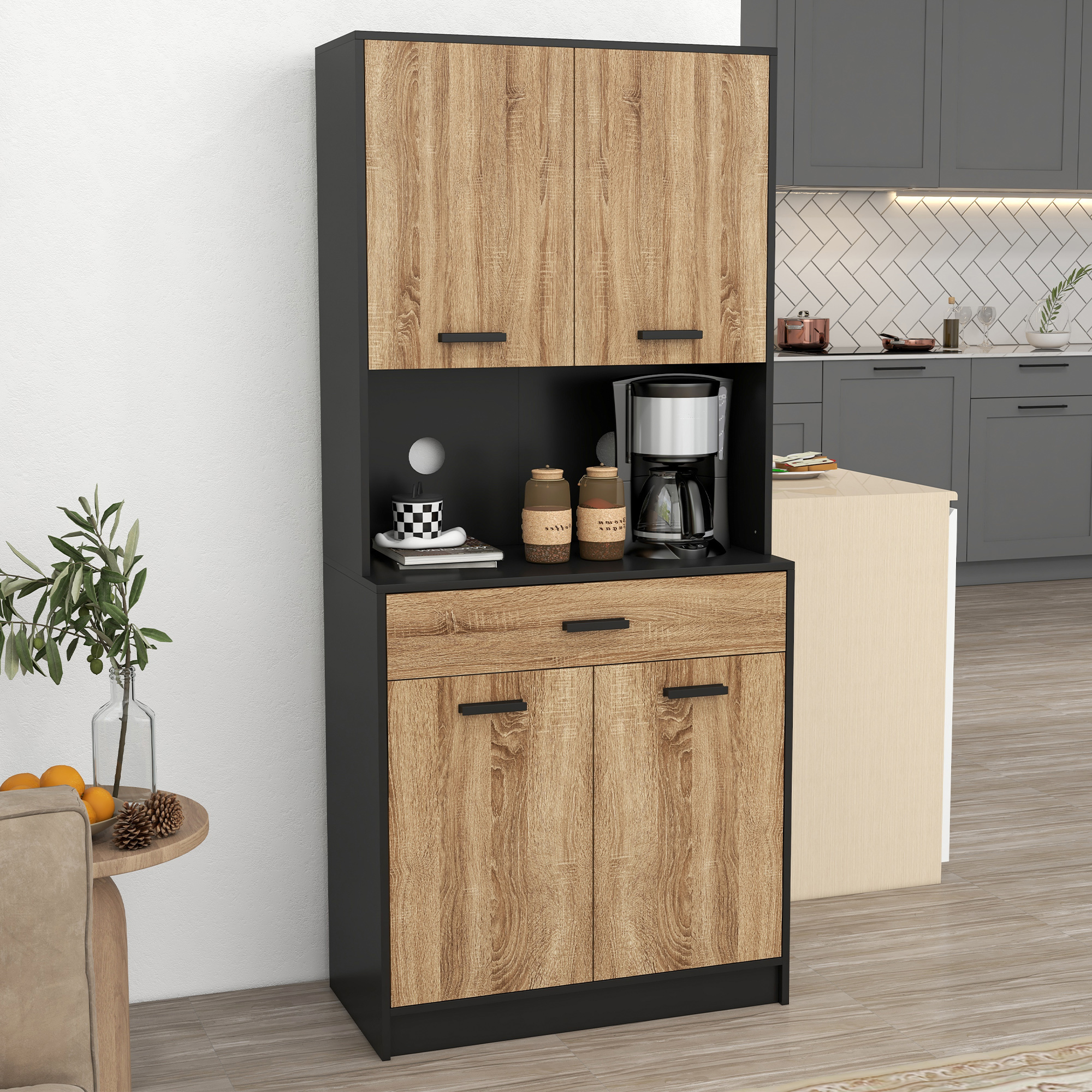 HOMCOM Küchenschrank Buffet Lagerung, 2 Schränke 4 Türen 1 Schublade, Kabeldurchlass 80B x 40T x 180H cm