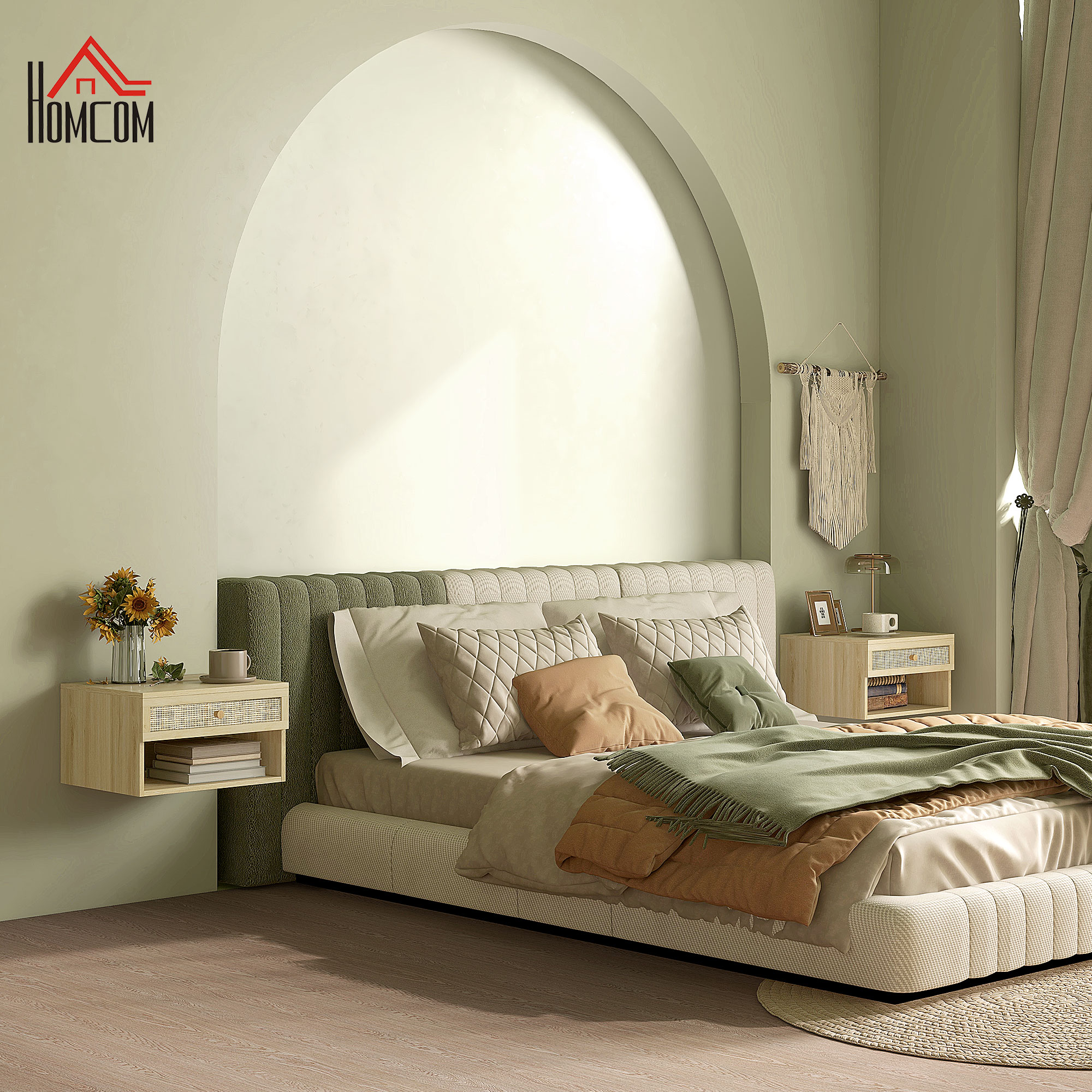 HOMCOM Set von 2 bohemischen Wandnachttischen mit ausziehbarer Schublade, Fach, Regal - Holz Maße 40L x 34B x 23H cm