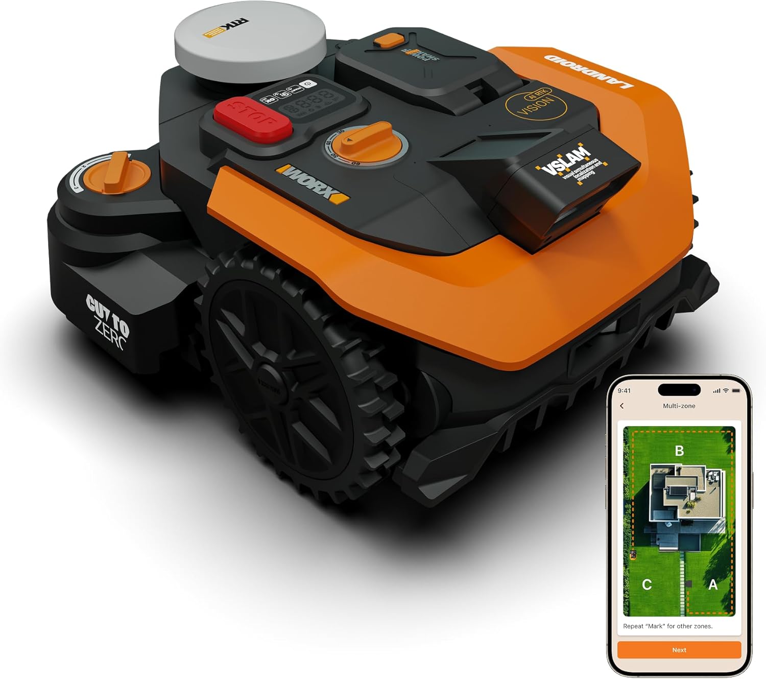WORX Landroid Vision Cloud WR308E 2WD Mähroboter ohne Begrenzungskabel für 800 m² (KI-Hinderniserkennung, VSLAM+ RTK Cloud Navigation, Auto-Mapping, App-Steuerung, Cut-to-Zero)