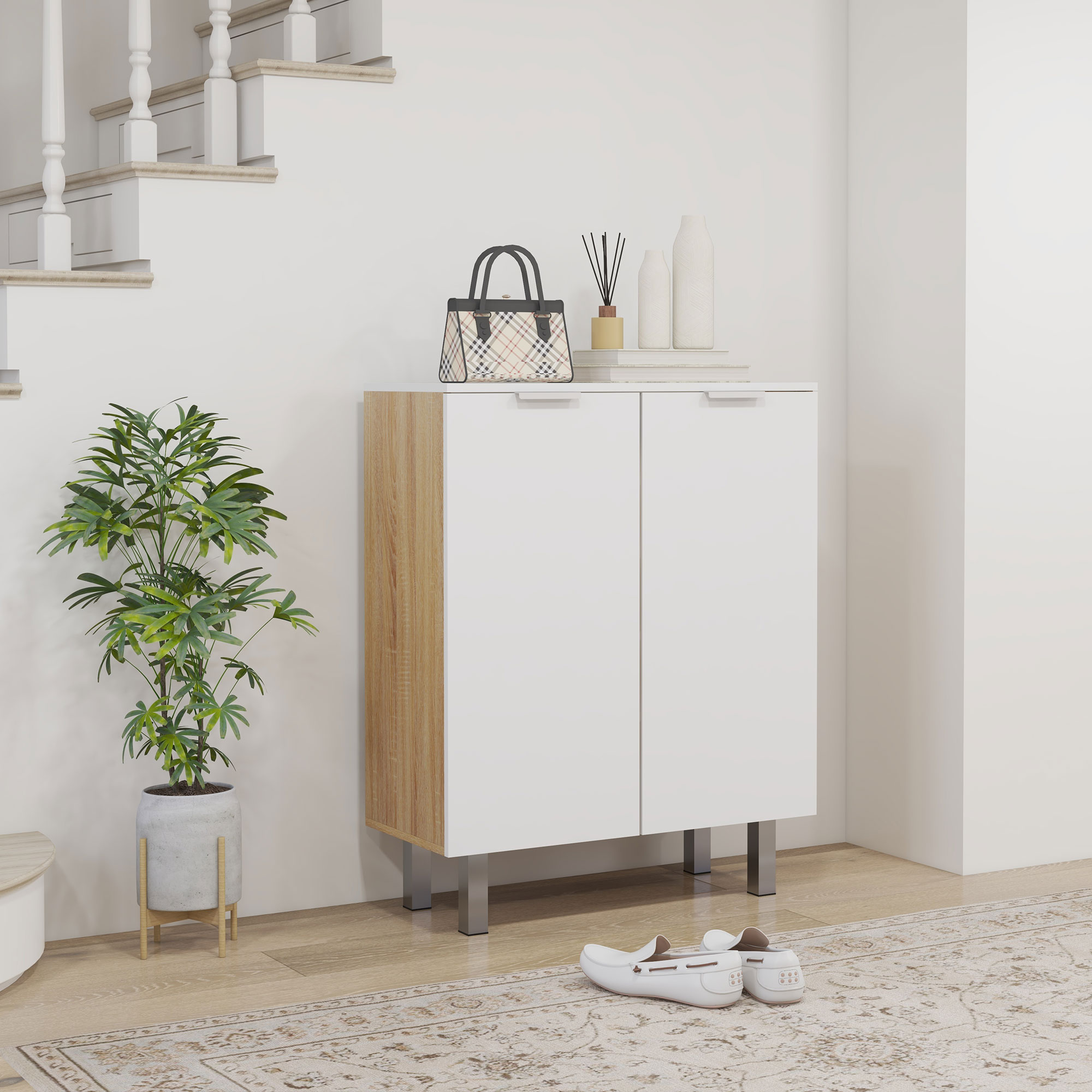 HOMCOM Moderner Schuhschrank für 15-20 Paar Schuhe, 5 Regale und Gedämpfte Schließung, Glänzendes Weiß