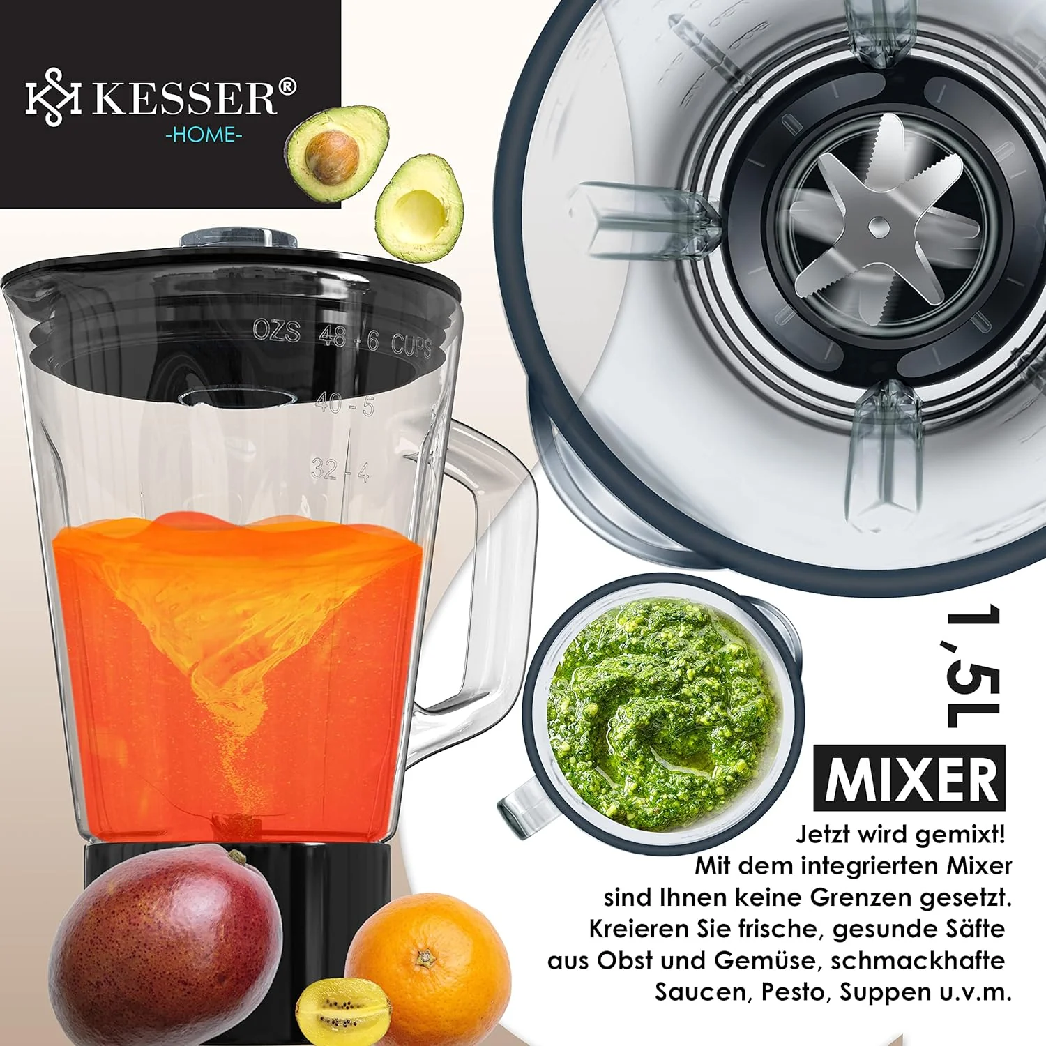 KESSER® 3 in 1 Universal Küchenmaschine K-KM 3000 mit Fleischwolf Knetmaschine Multifunktionale Rührmaschine 5,5L Schüssel mit 3 Rührwerkzeuge, 1,5L Entsafter, Zubehör-Set, Pasta & Gebäckformen