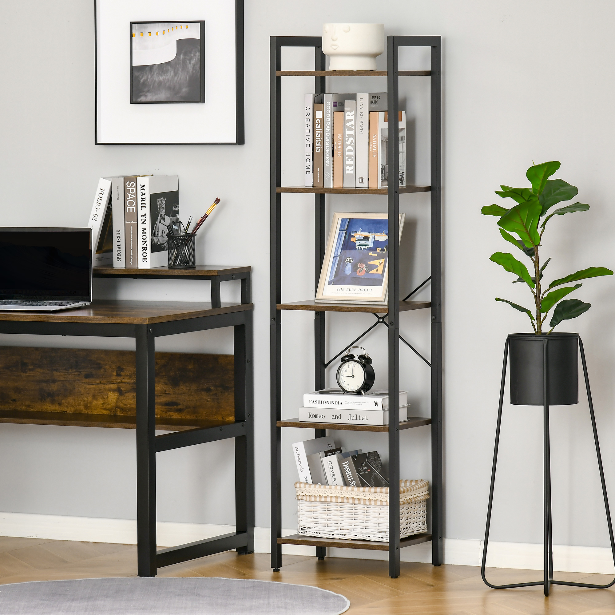 HOMCOM Bücherregal im Industrie-Stil H154 cm 5 Regale Schwarzer Stahl Spanplatten Gealterte Holzoptik