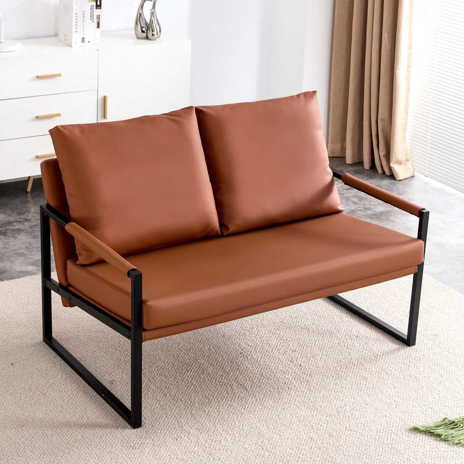 Brown Modern Two-Seater Sofa Chair by SF-D008 – PU Leather, High-Density Foam, Black Metal Frame, Includes 2 Pillows