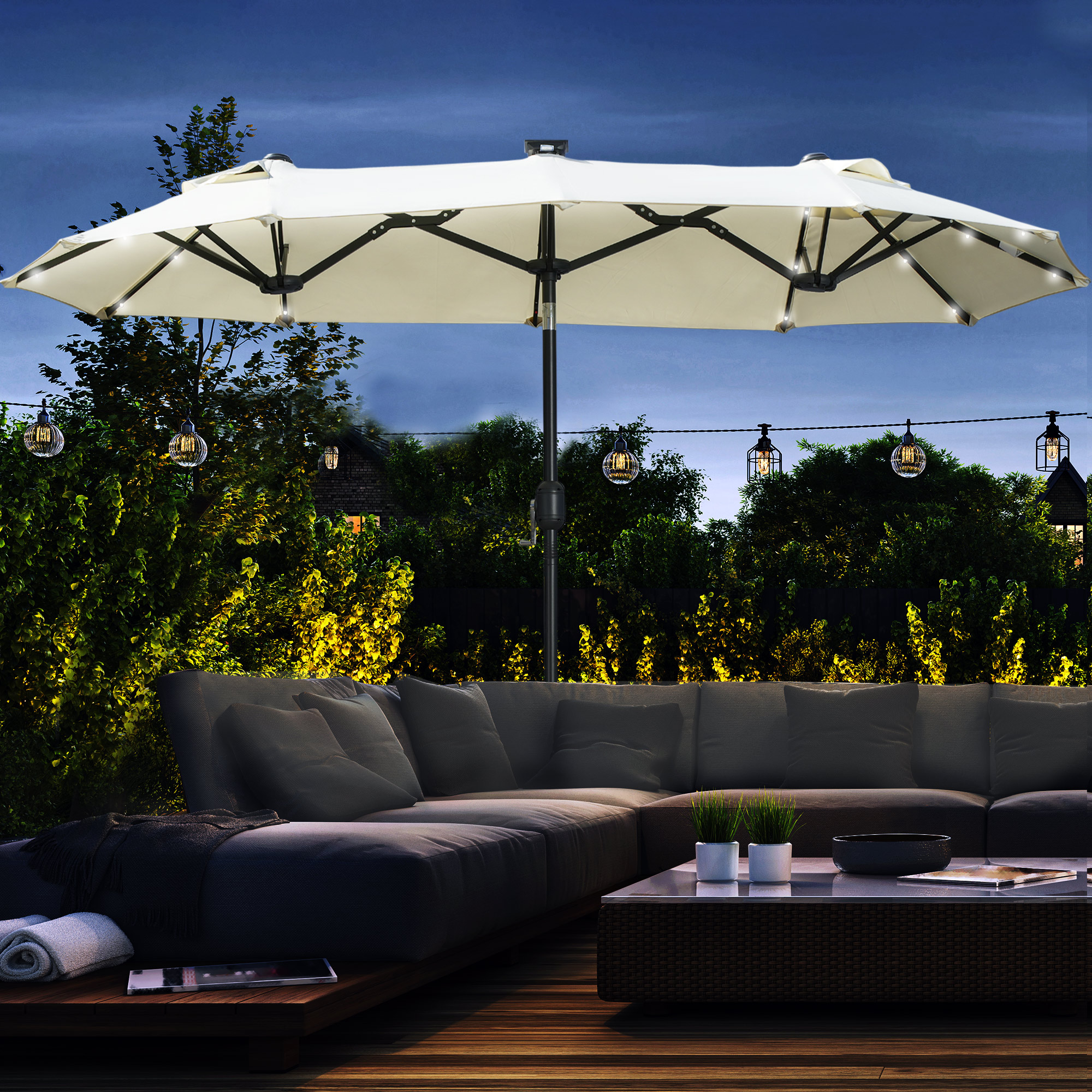 Outsunny Doppelschirm, Terrassenschirm, neigbar, mit Solarpaneel, 35 LEDs, Stahlrahmen, beige, 2,92 x 1,50 x 2,18 m