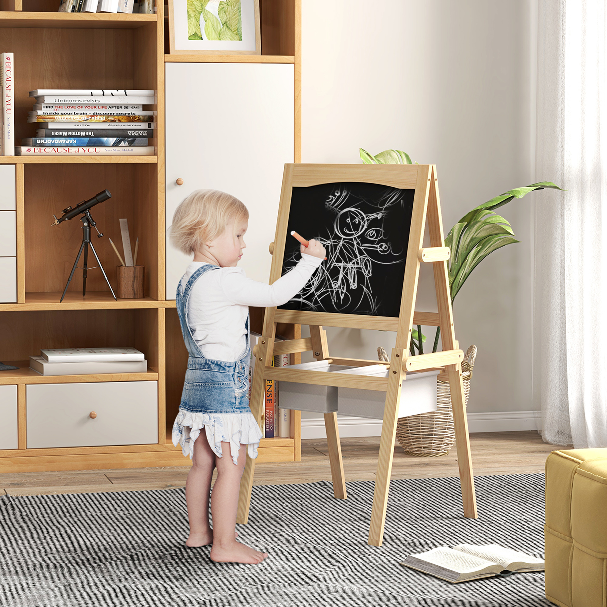 AIYAPLAY Kinderstaffelei Doppelseitige Schiefertafel Weiße Tafel Kreidetafel Papierrolle 58 x 50,5 x 109 cm Natur