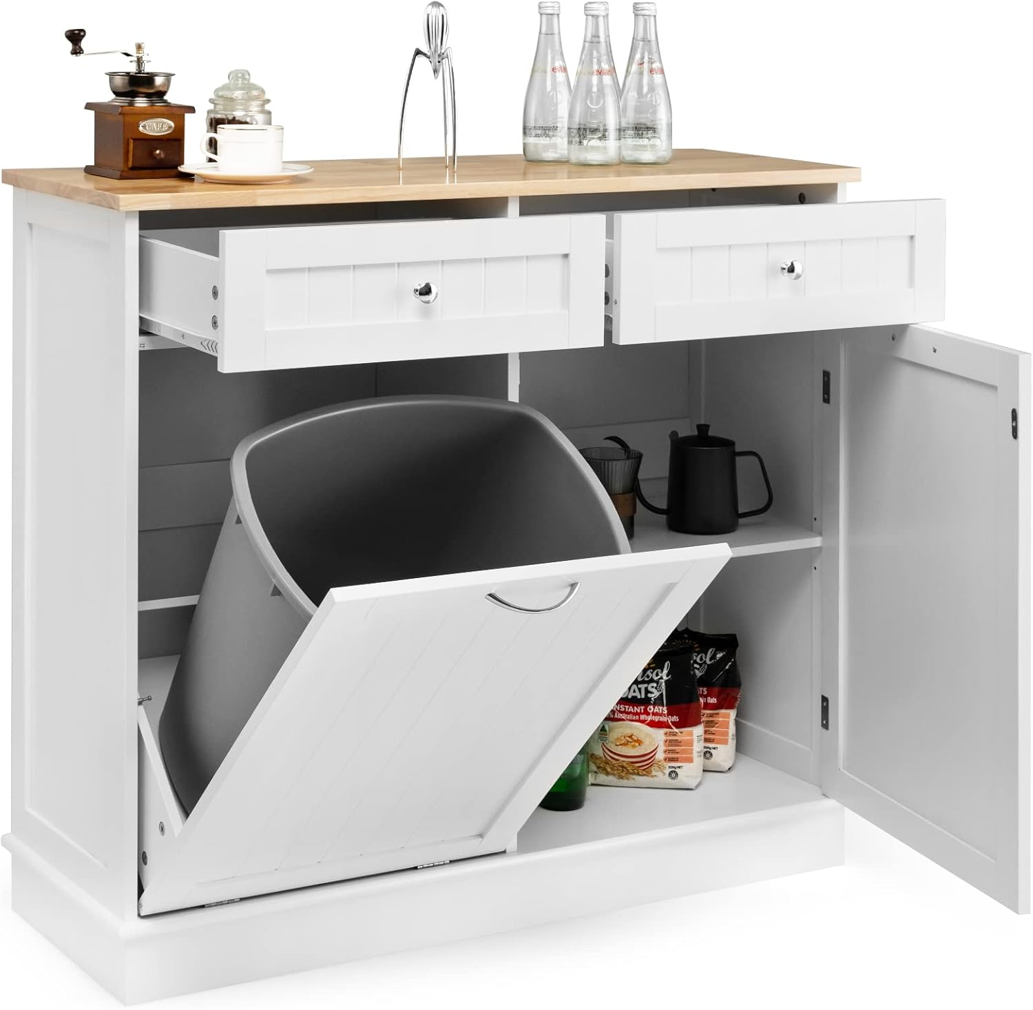 GYMAX Credenza da Cucina, Isola da Cucina con 2 Cassetti, Ripiano Regolabile, Vassoio in Gomma per Sala da Pranzo, Soggiorno, Adatto per Bidone (non incluso) da 42L, 100 x 35 x 90,5 cm (bianco)