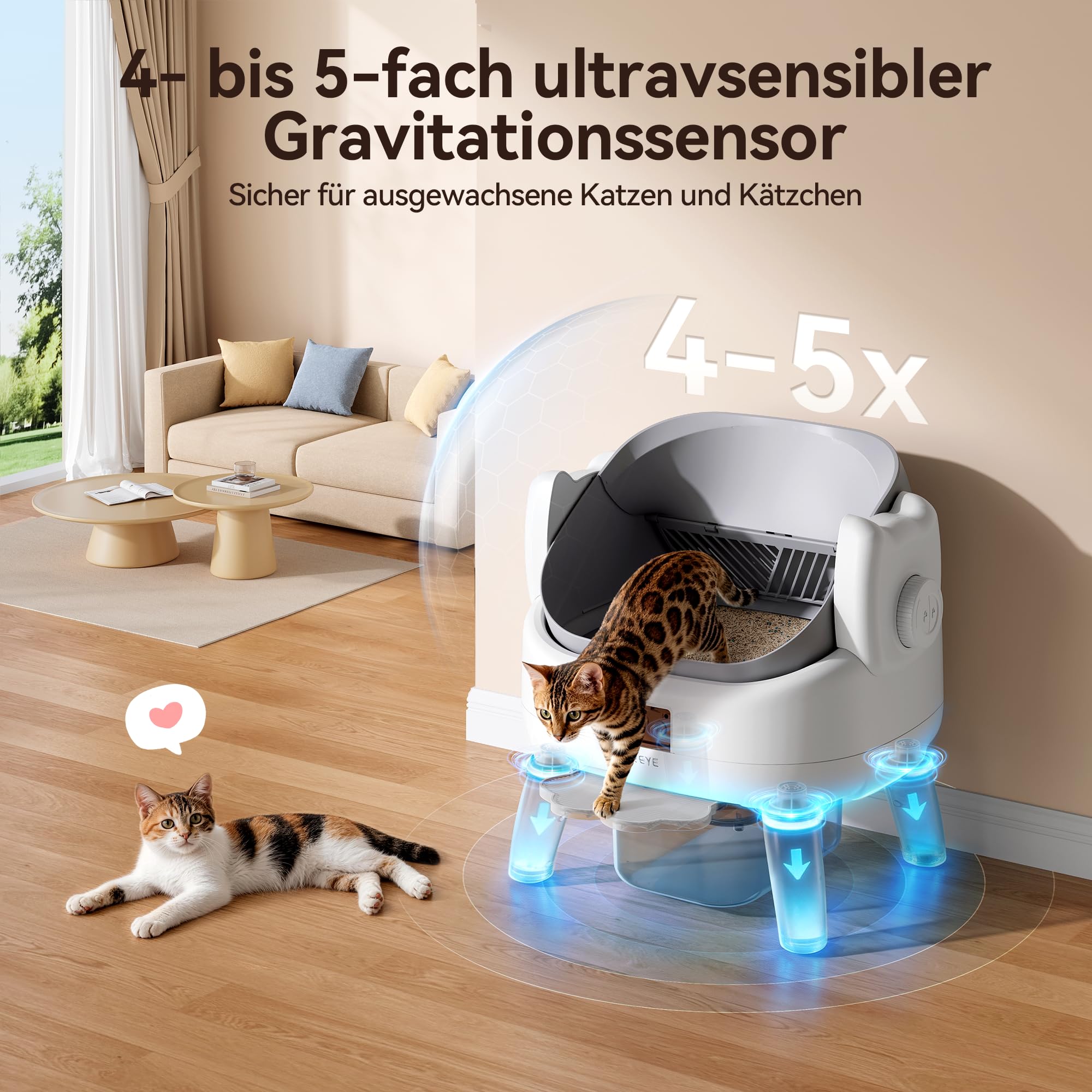 Selbstreinigende Katzentoilette offen mit Einstiegsstufe, App-Steuerung und 11-fachem Sicherheitssensor