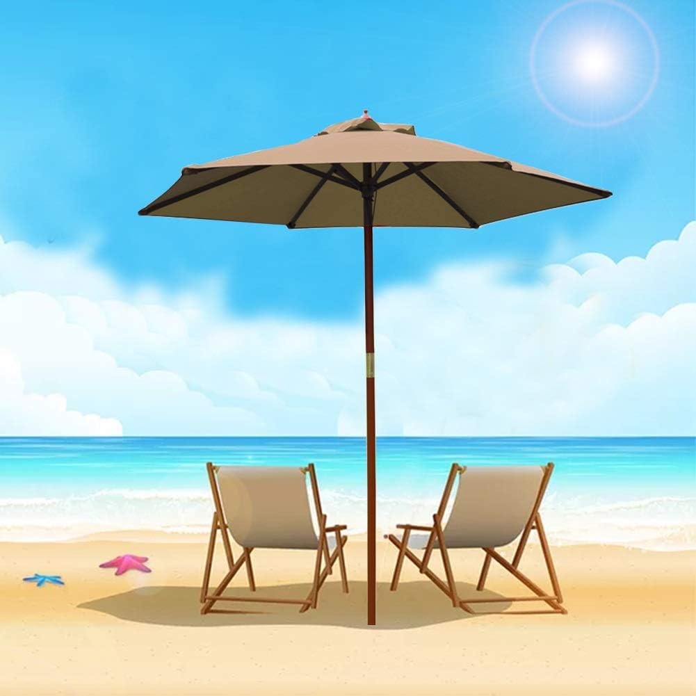 Robuster Strandschirm, 2,1 m (7 Fuß) Regenschirme, Outdoor-Markttisch-Sonnenschirm mit manuellem Kordelzug und 8 Rippen, Holzstangen-Baldachin, Kaffeefarbe