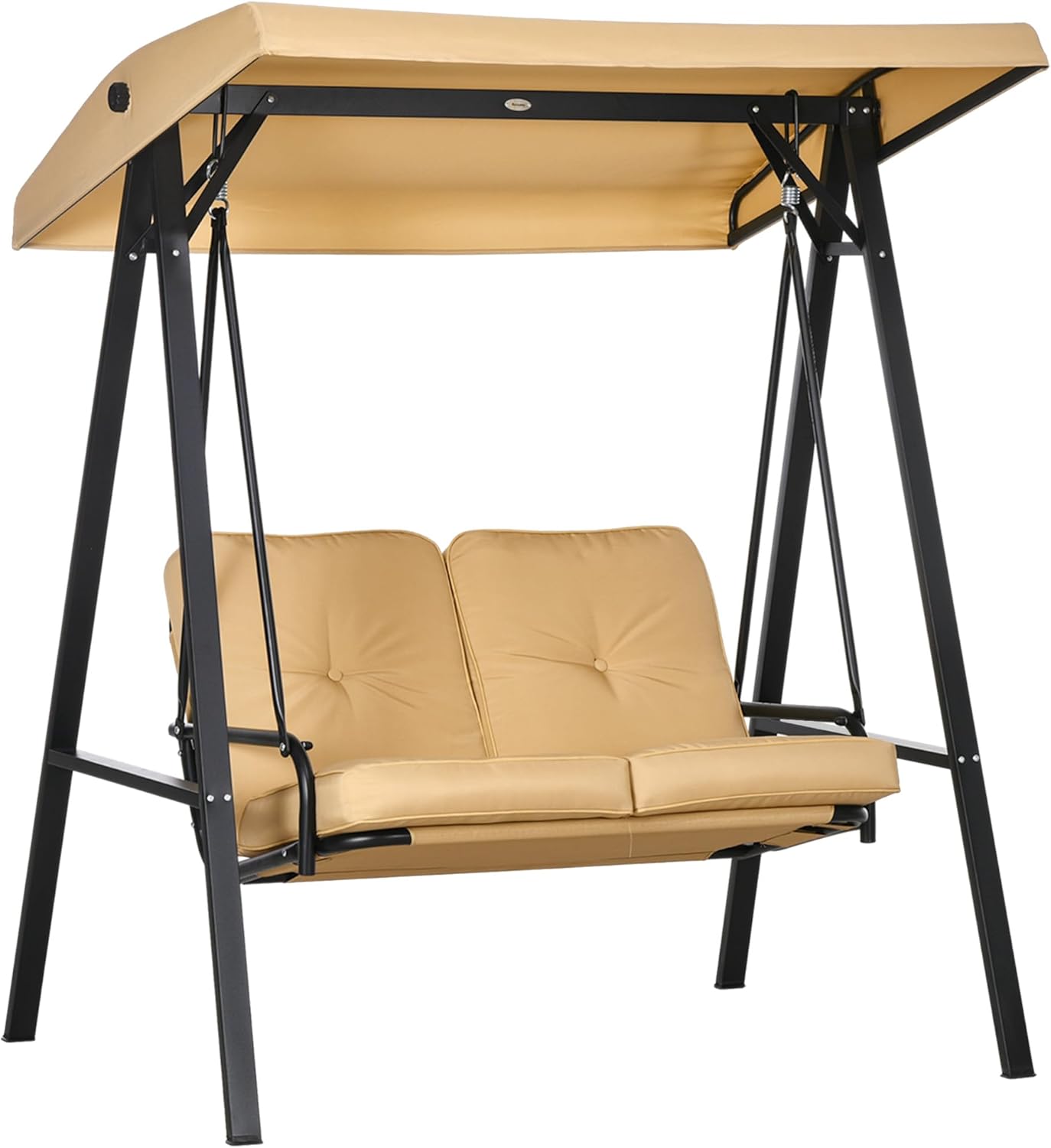 Outsunny Outdoor Swing Chair with Adjustable Canopy and Cushions, 2 Seater Steel and Teslin Fabric Rocking Chair 138 x 106 x 174 cm, Beige