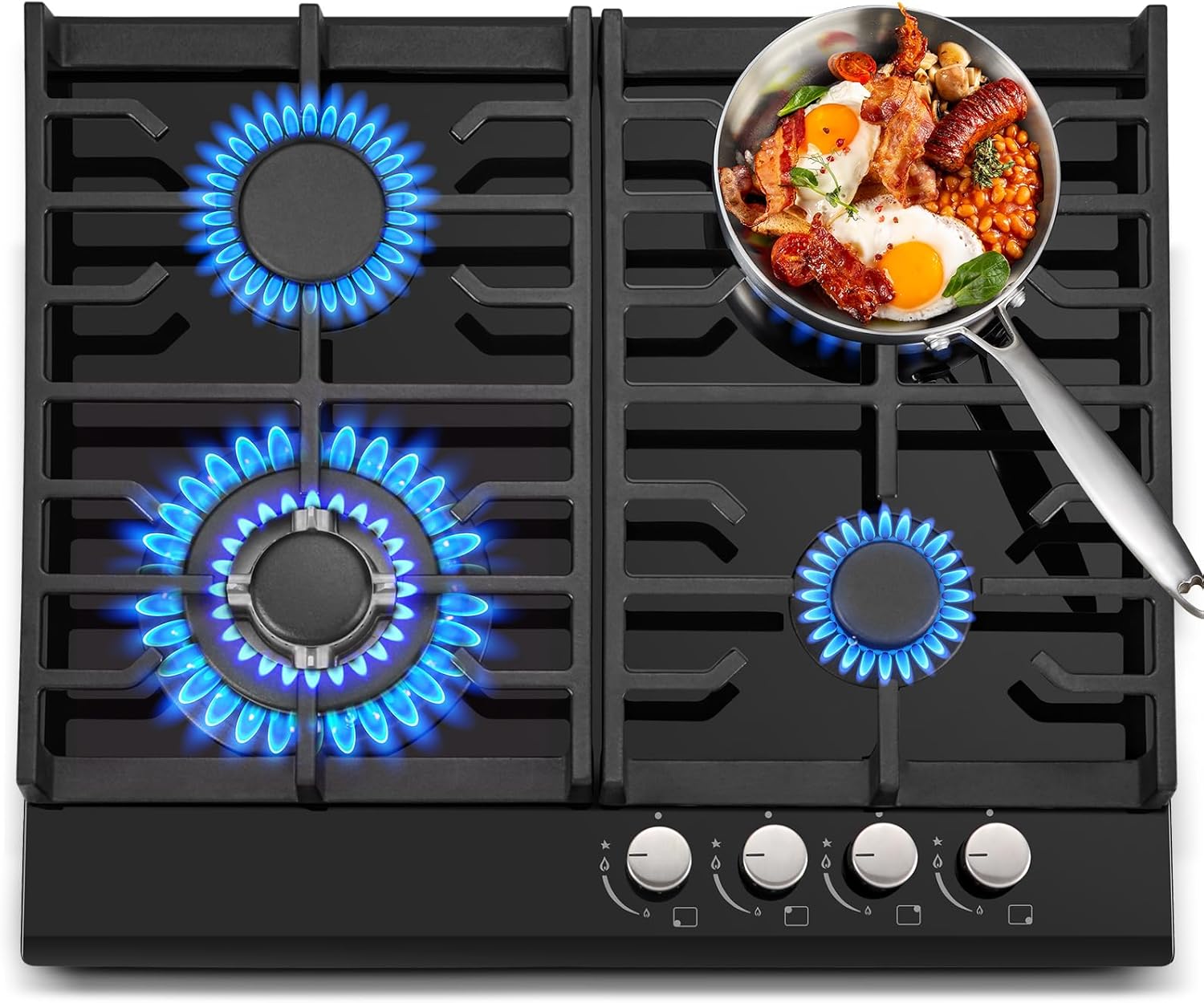 TopStrong Piano Cottura 4 Fuochi Gas, Piano Cottura Vetro Incasso, Protezione Flame-Out, 8060W, Nero, 220-240V