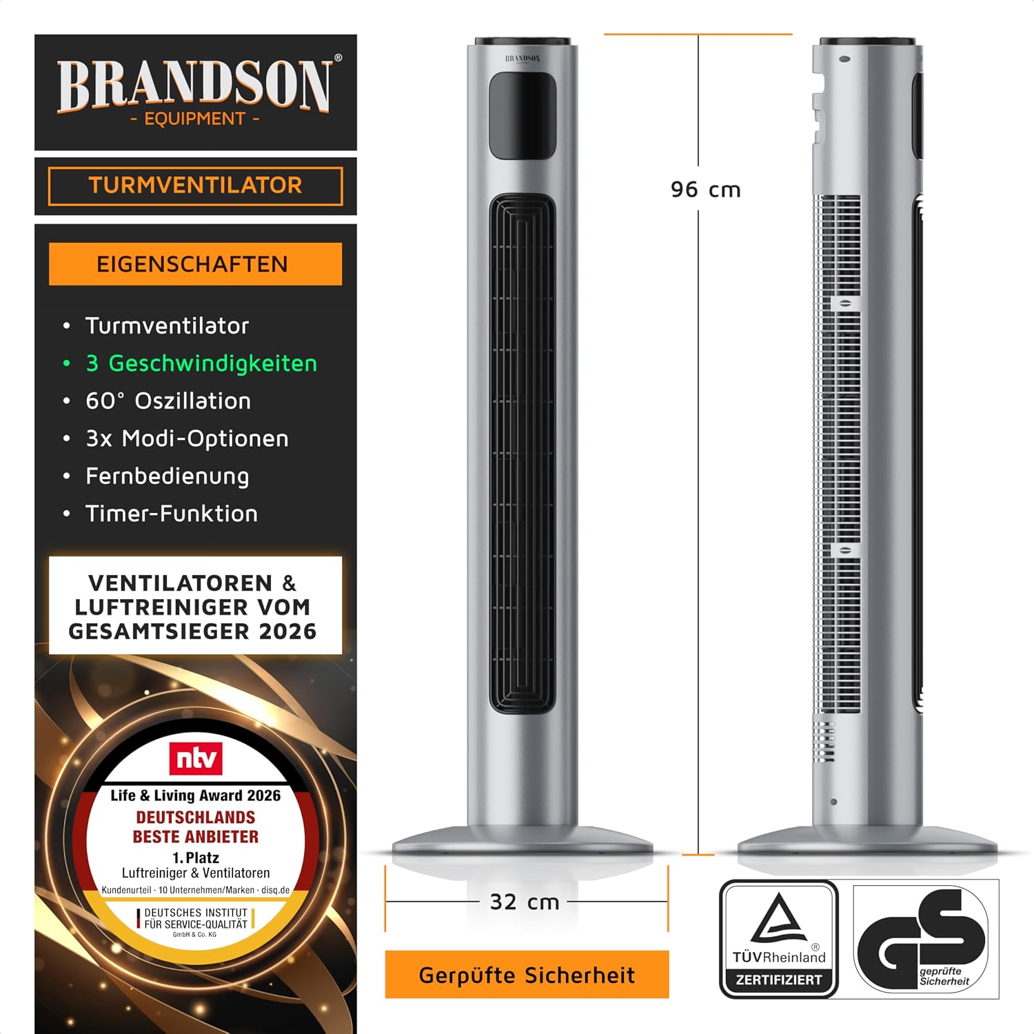 Brandson - Turmventilator mit Fernbedienung 96 cm - Preisträger 2026 - mobiler Lüfter leise - Standventilator Oszilation - 3 Geschwindigkeiten 3 Modi Timer - Ventilator mit GS - Steelsilver