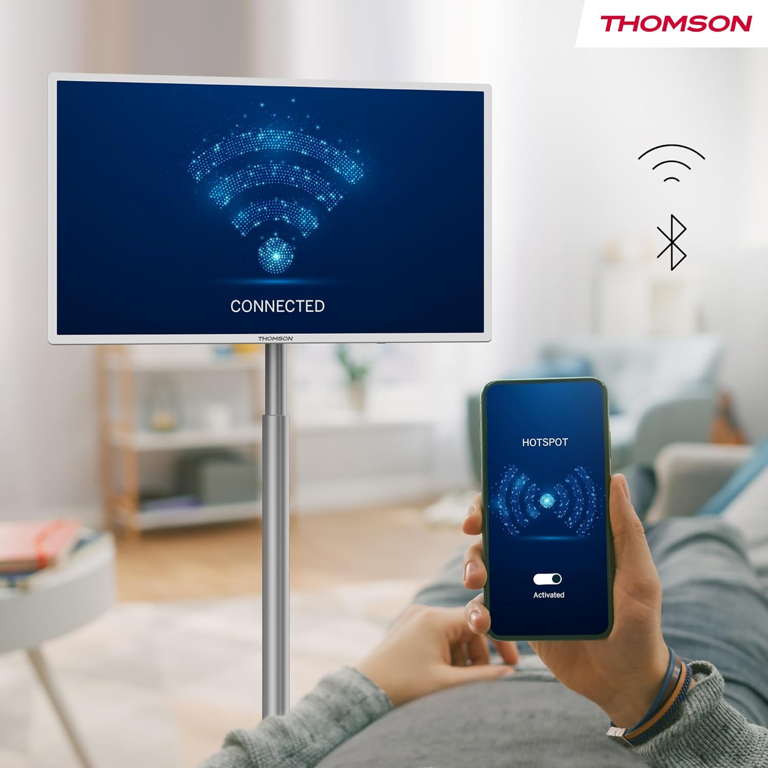 Thomson 32 Zoll (81 cm) Go TV, Tragbarer Android Fernseher – HD Ready (1366x768), Sprachsteuerung, Bluetooth 5.1, Wi-Fi, Hotspot-Funktion, Bis zu 4 Stunden Akkulaufzeit - 32HA4M44