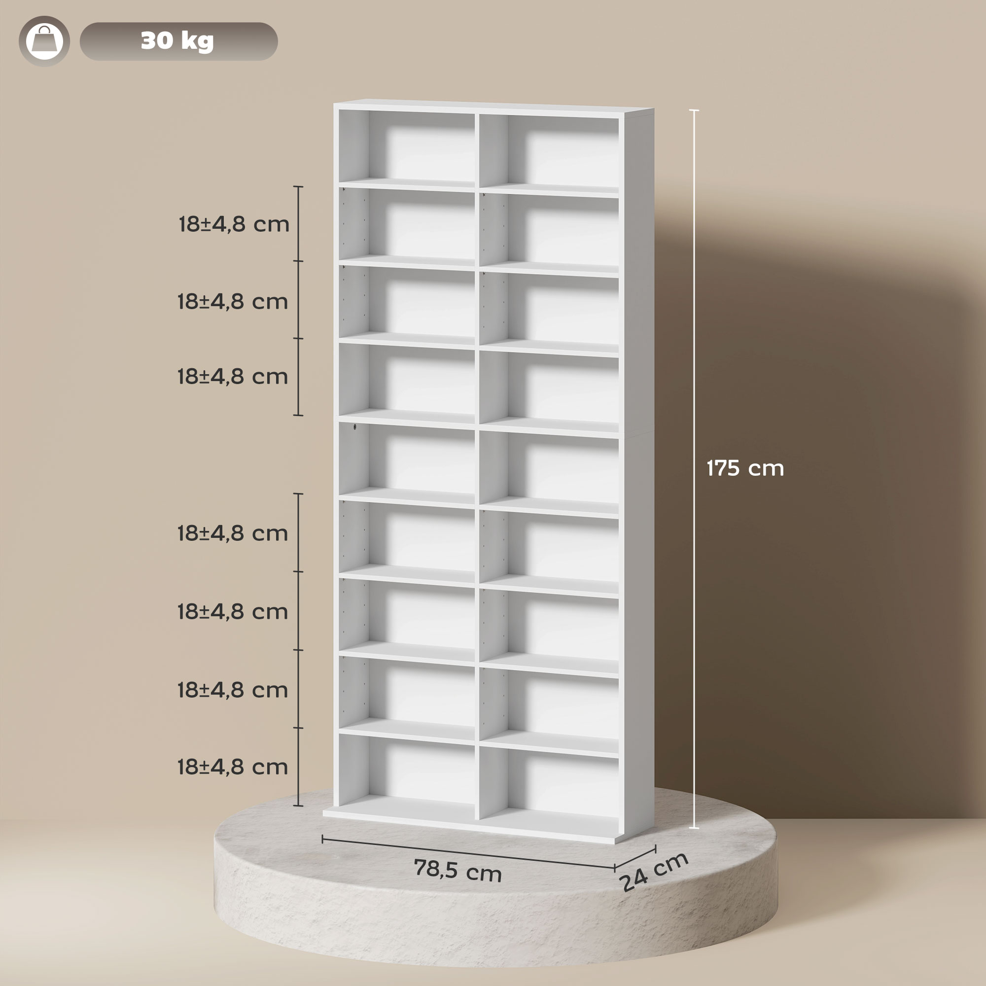 DVD-Rek, CD-Opslagrek, 14 Aanpasbare Planken, 18 Vakken, 175 cm, Blu-ray-Rek, Spaanplaat, Wit