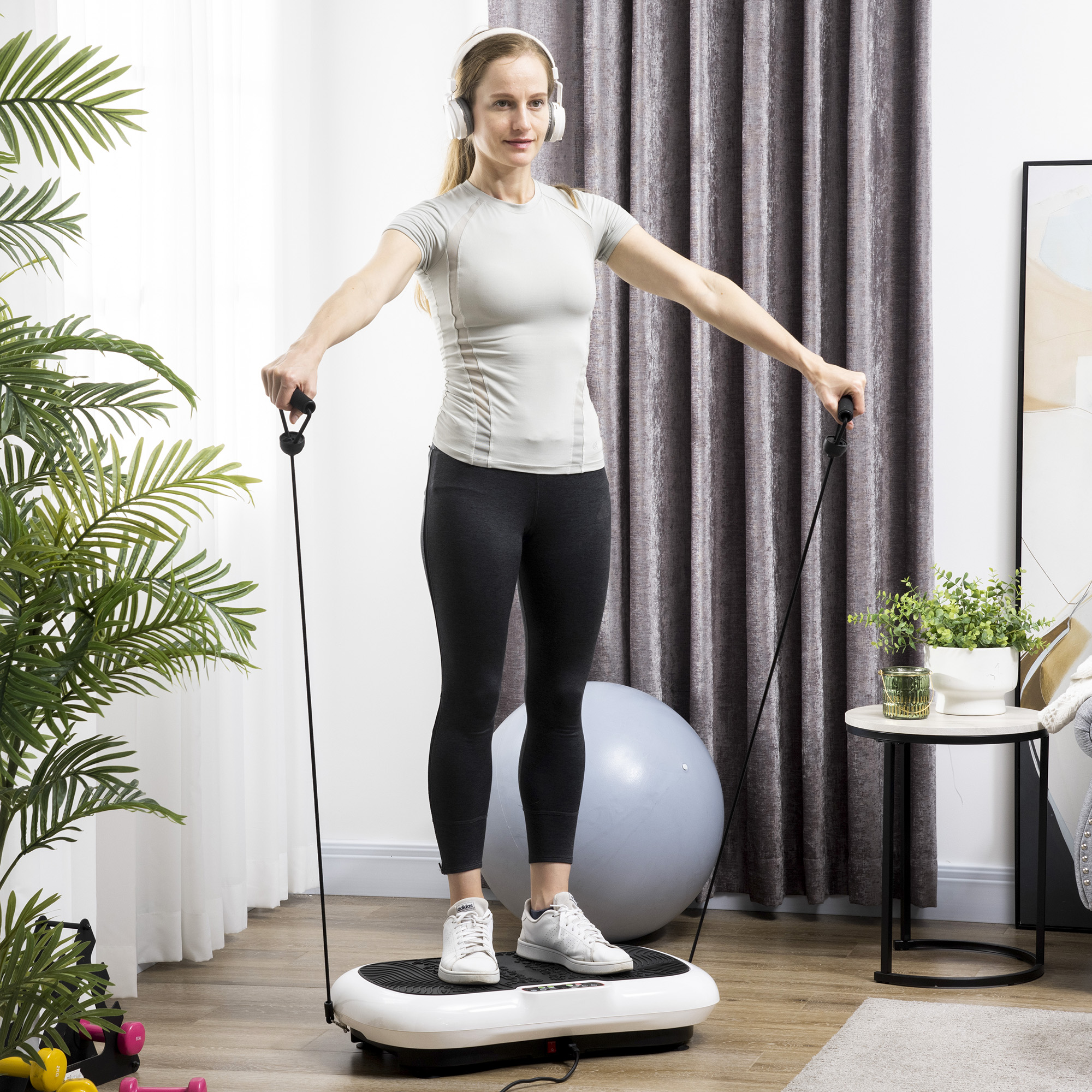 HOMCOM Vibrationsplatte mit 99 Stufen, 2 Fitnessbändern 73 x 40 x 13cm Weiß+Schwarz
