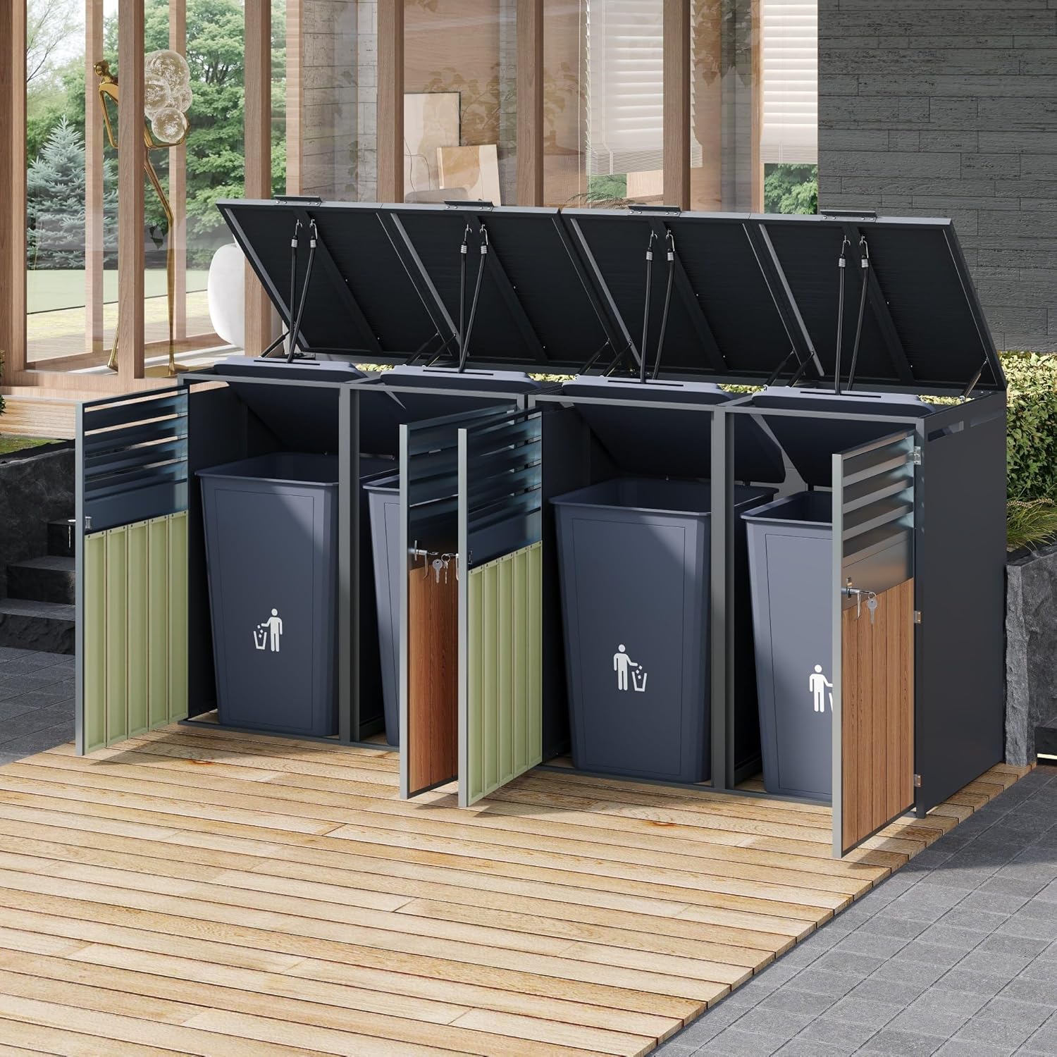 Mülltonnenbox 4Er für 4 Mülltonne Bis 240L mit Klappdeckel, Lüftungsöffnung Mit Lamellen, Trash Storage Compartments,Abschließbar, Zwei Türen, Garten Müllbox, Mülltonnenverkleidung,4 Bin