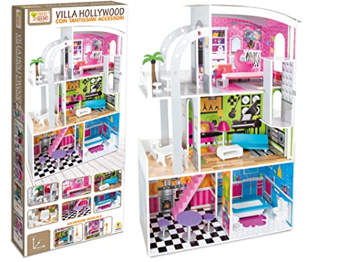 Teorema 40642   Casa per le bambole Tema Hollywood, 4 stanze, con Accessori in legno, Ascensore Manuale, Altezza 110cm : Giochi e giocattoli