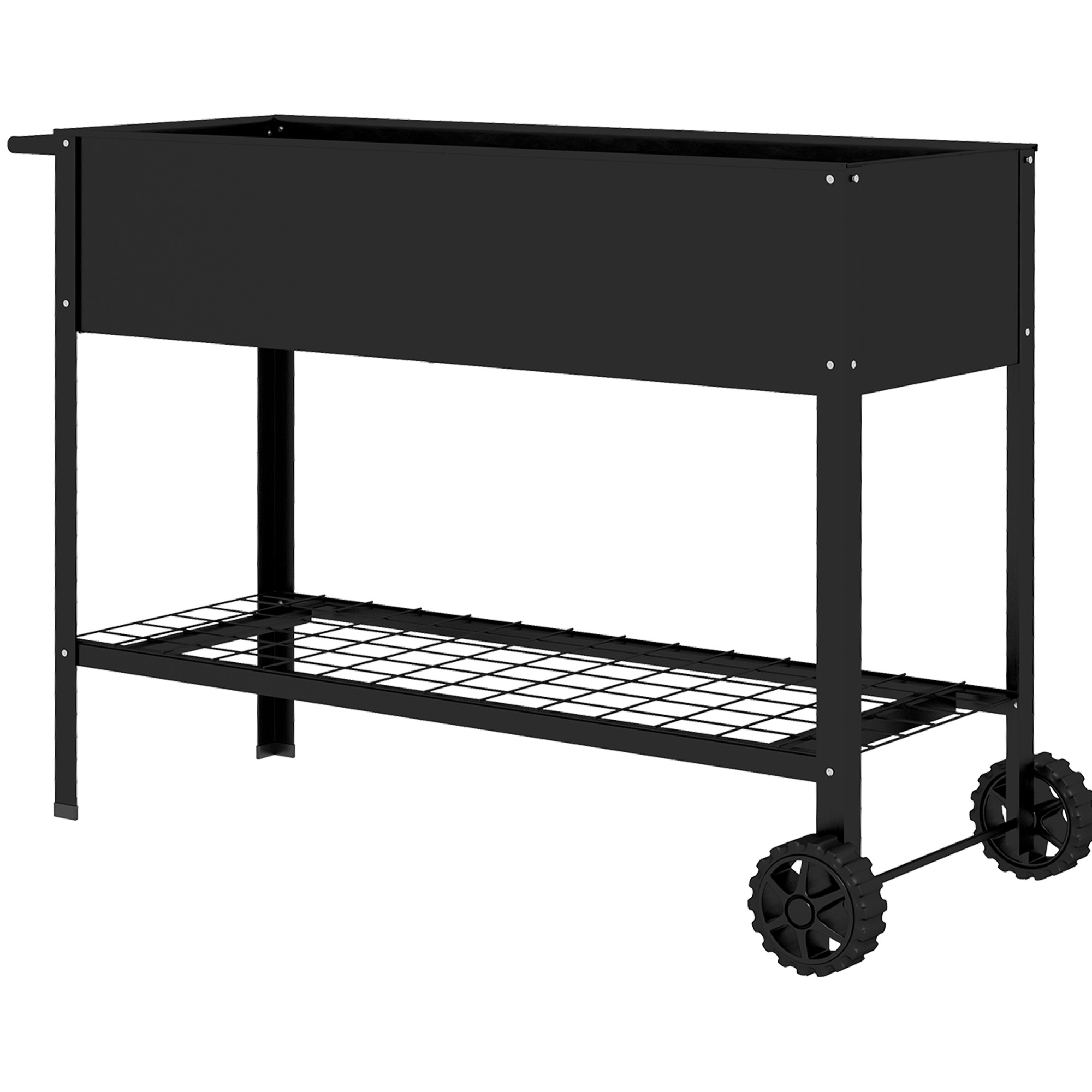 Outsunny Metall-Pflanzschale mit Ständer und Regal 104L x 39B x 80H cm 2 Räder + Bewässerungseinsatz Schwarz
